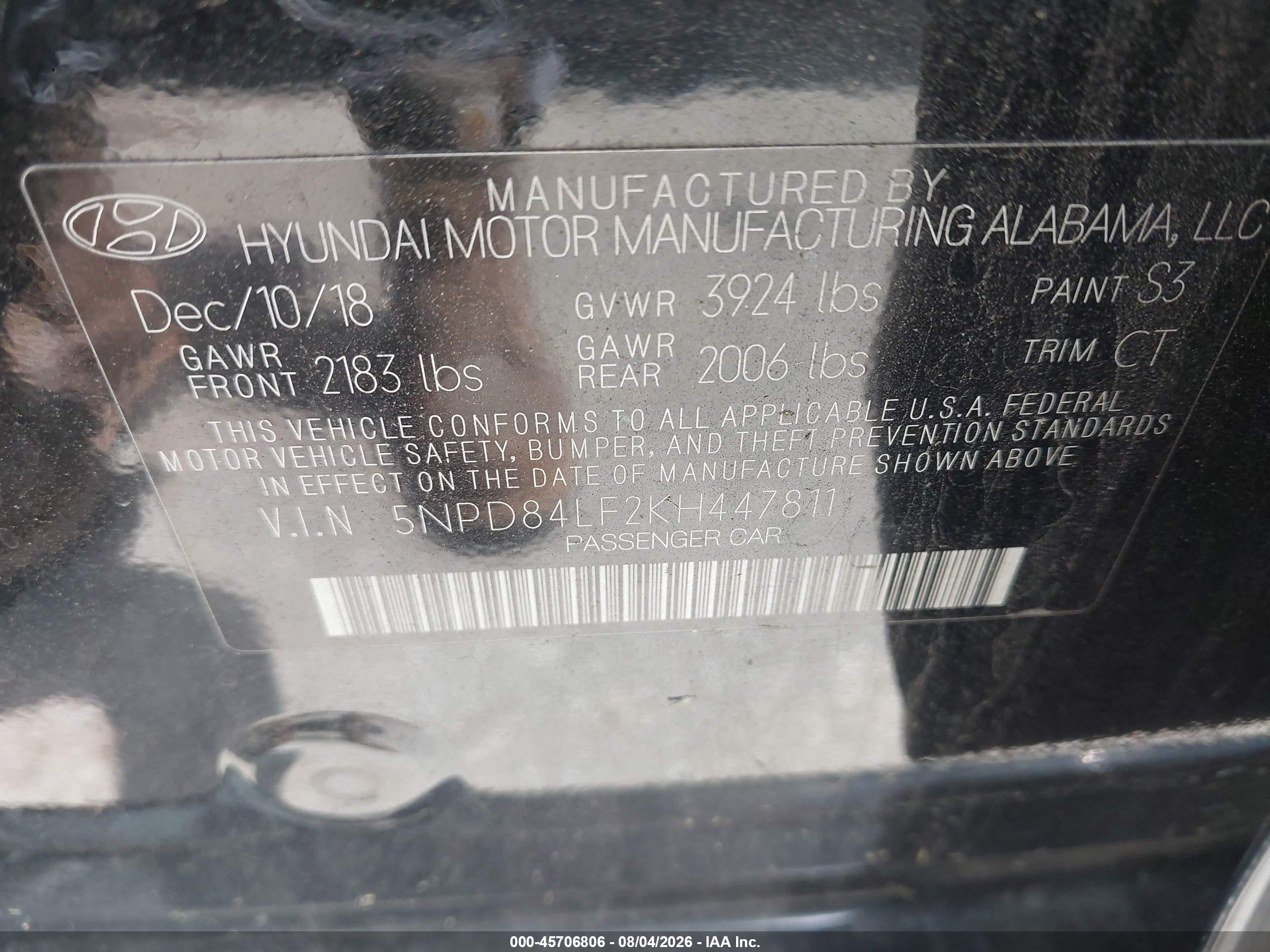 2019 Hyundai Elantra Sel Black vin: 5NPD84LF2KH447811