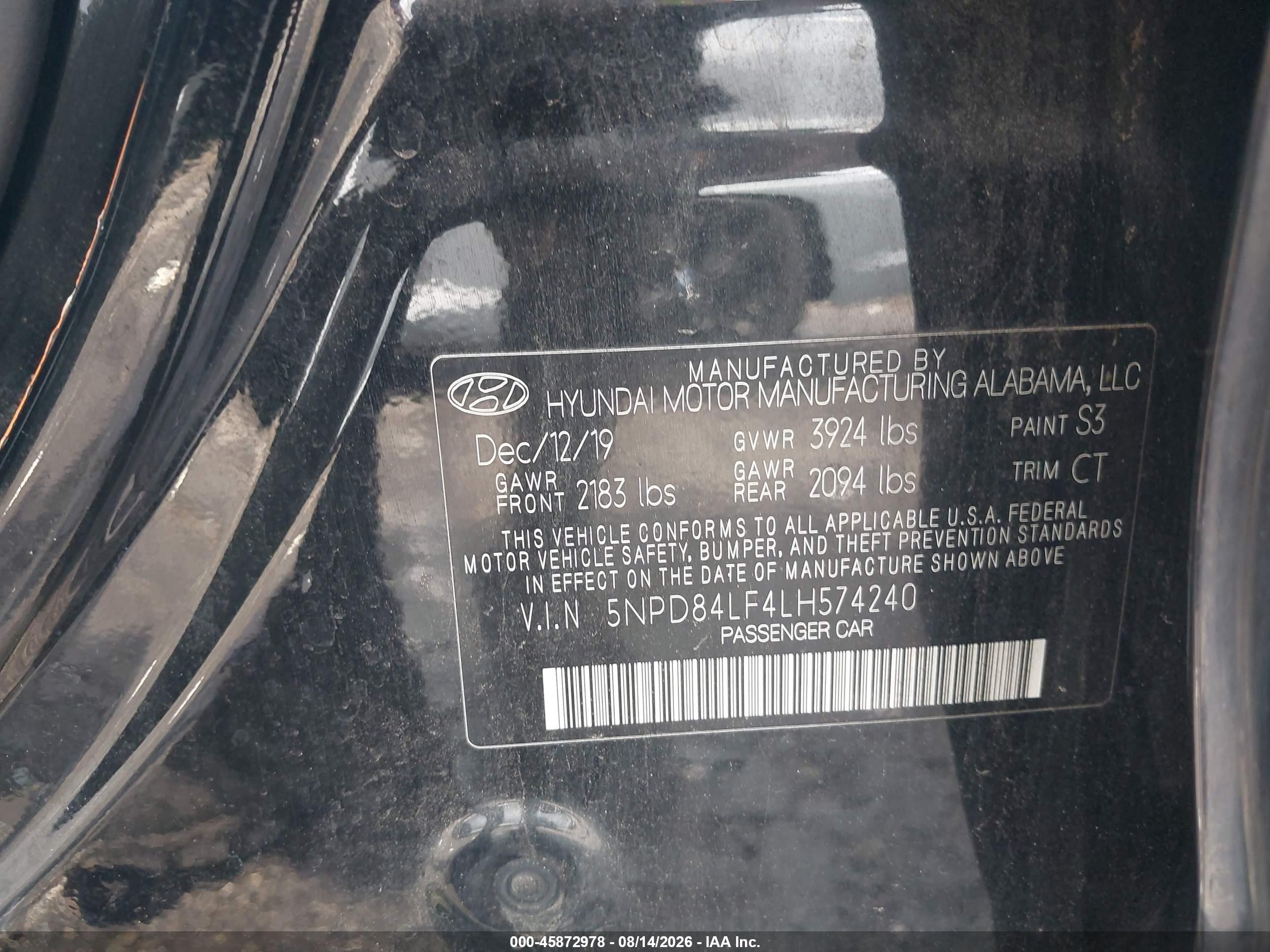 2020 Hyundai Elantra Sel Черный vin: 5NPD84LF4LH574240
