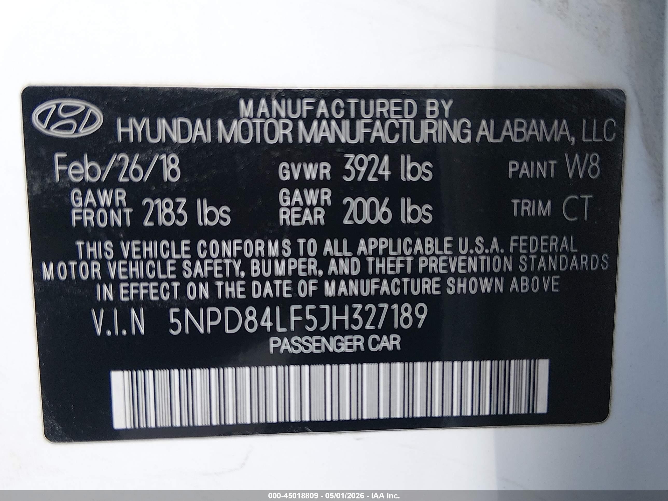 2018 Hyundai Elantra Sel White vin: 5NPD84LF5JH327189
