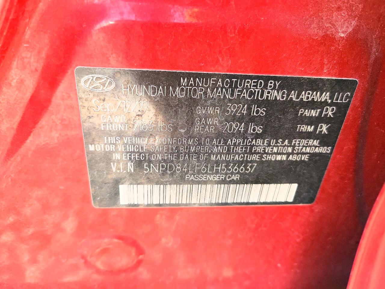 2020 Hyundai Elantra Sel Red vin: 5NPD84LF6LH536637