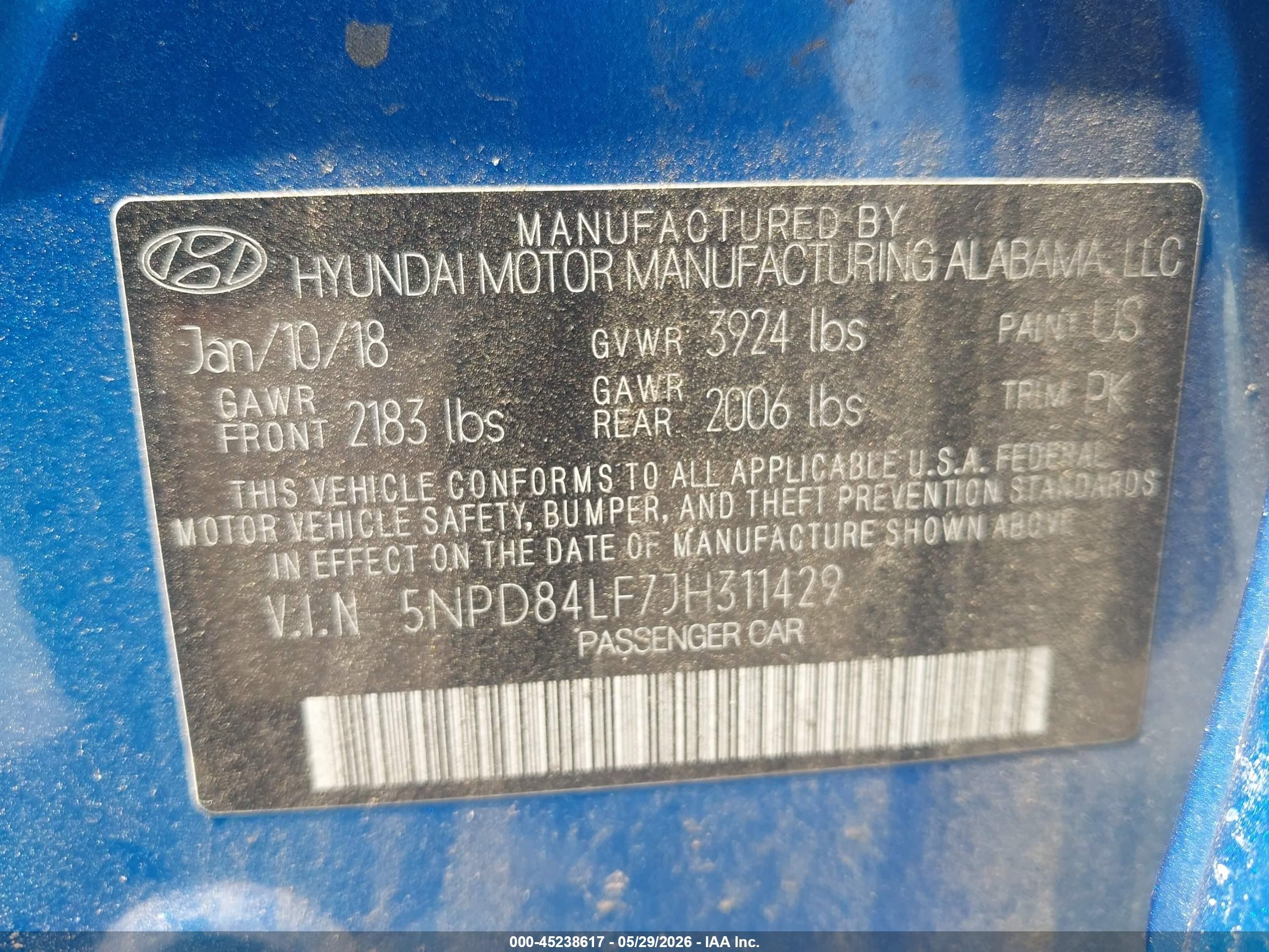2018 Hyundai Elantra Sel Blue vin: 5NPD84LF7JH311429