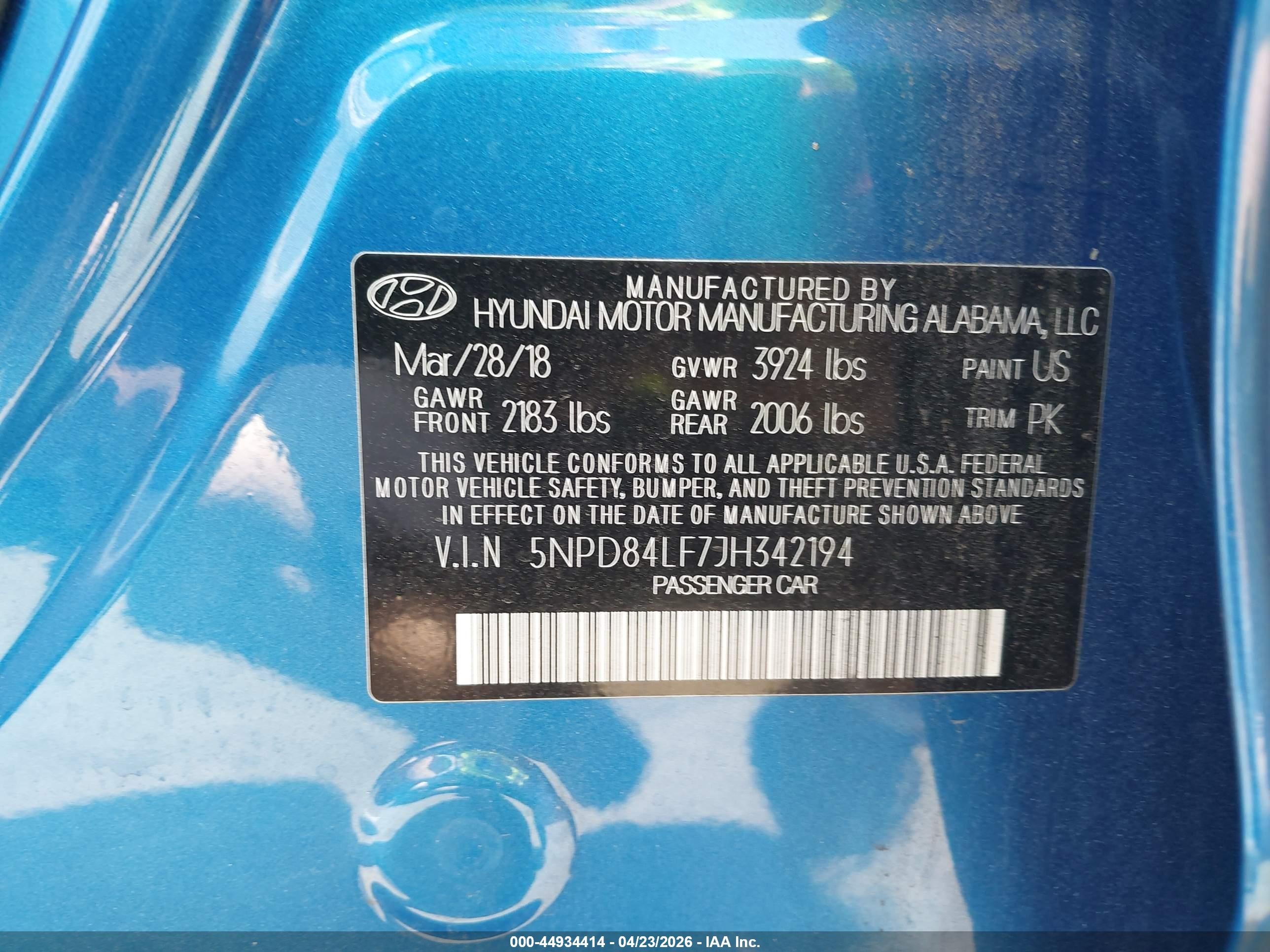 2018 Hyundai Elantra Sel Синий vin: 5NPD84LF7JH342194