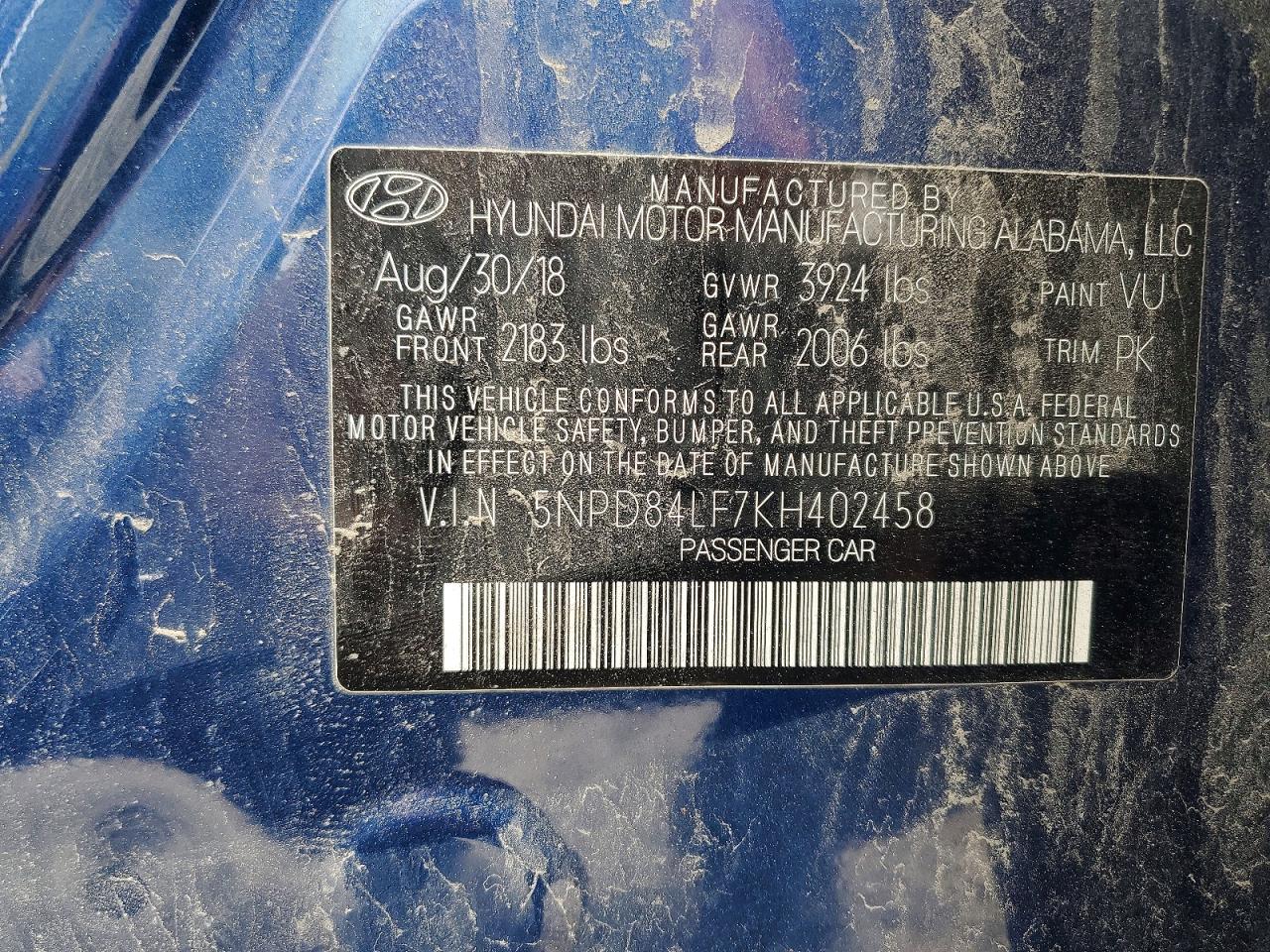 2019 Hyundai Elantra Sel Blue vin: 5NPD84LF7KH402458