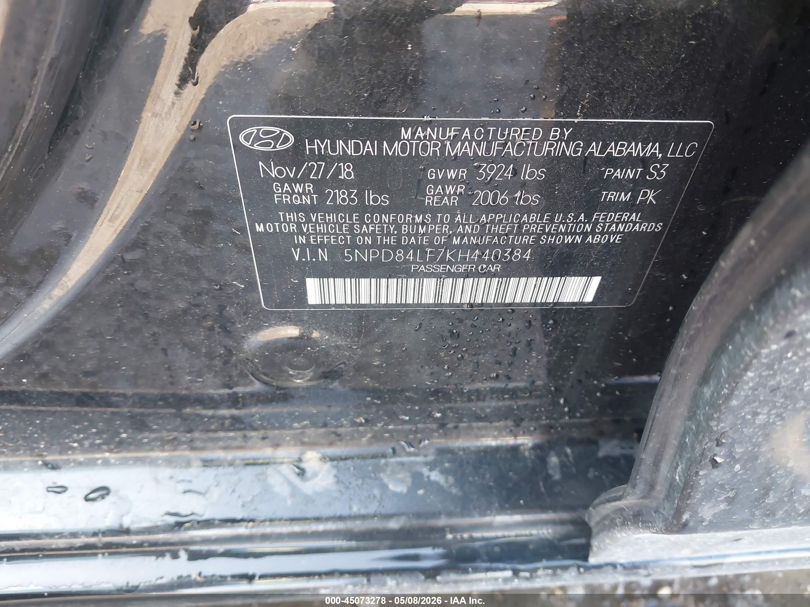 2019 Hyundai Elantra Sel Black vin: 5NPD84LF7KH440384