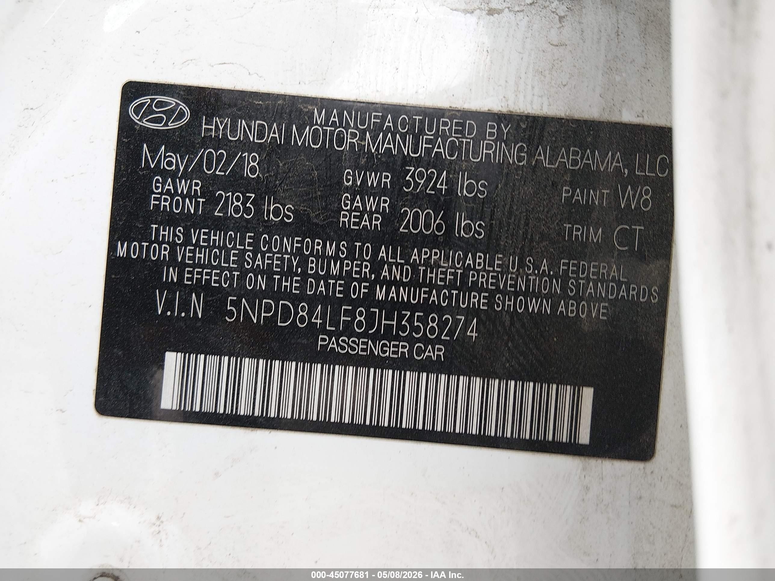 2018 Hyundai Elantra Sel White vin: 5NPD84LF8JH358274
