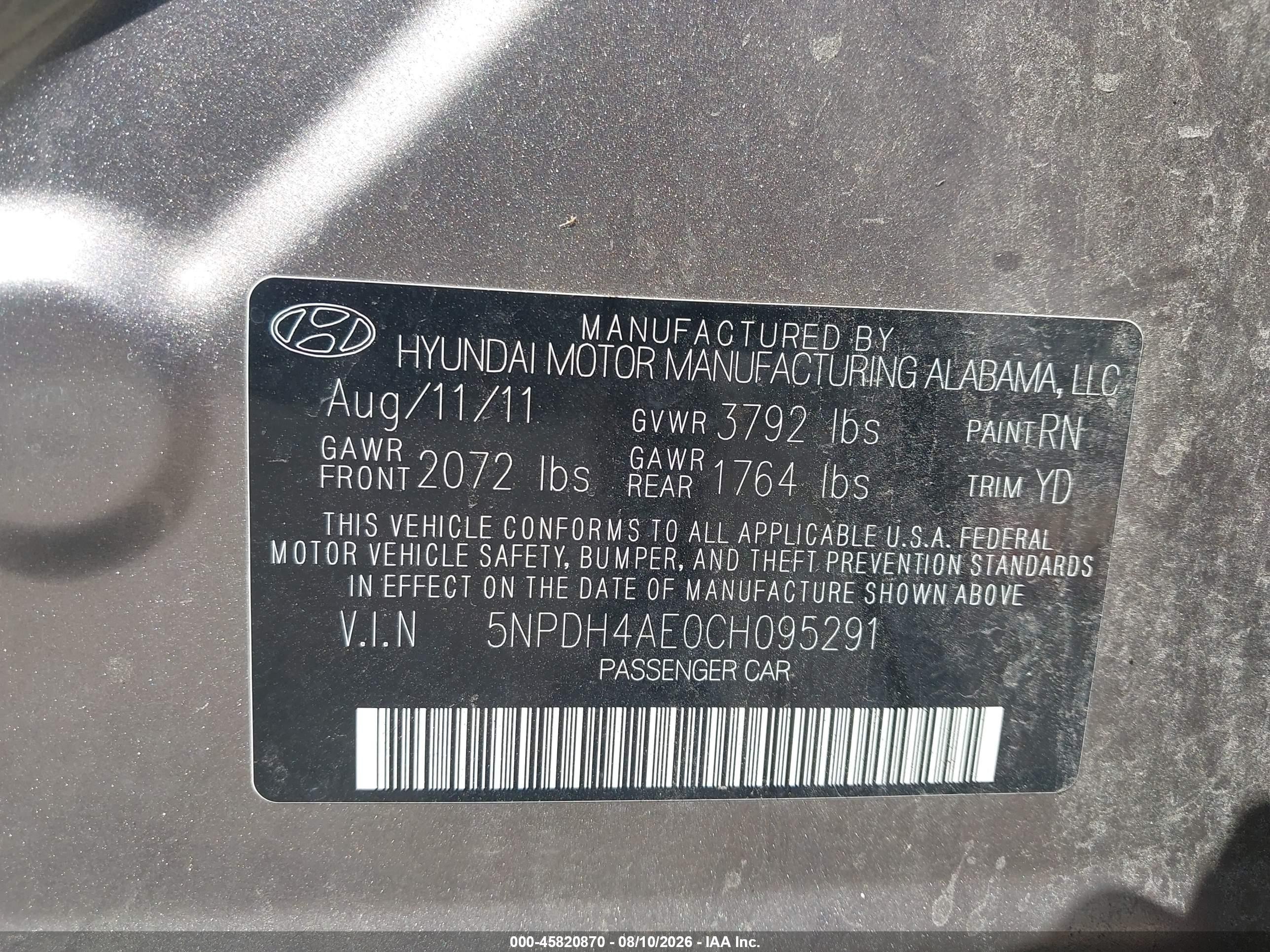2012 Hyundai Elantra Limited Gold vin: 5NPDH4AE0CH095291