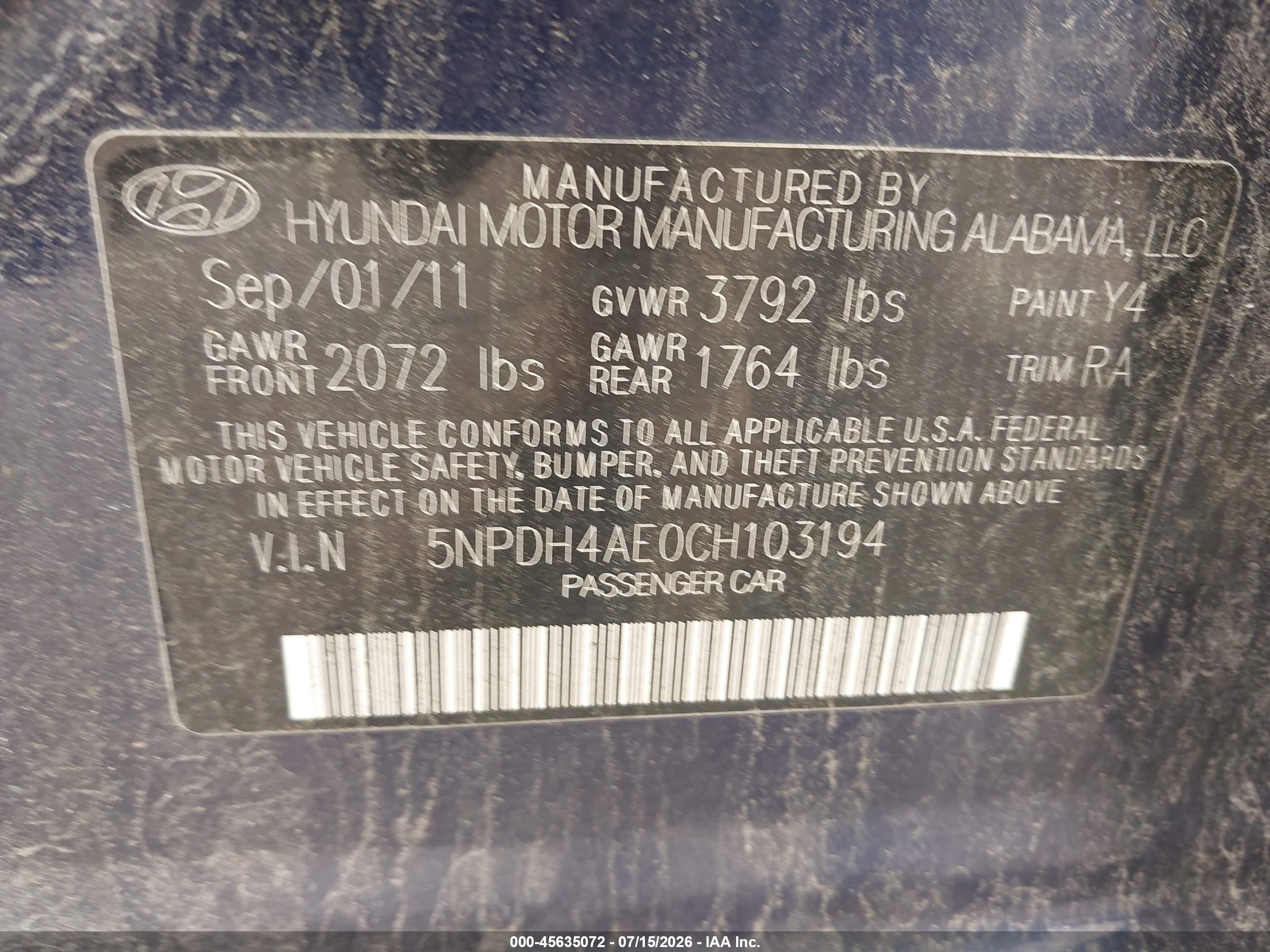 2012 Hyundai Elantra Limited Blue vin: 5NPDH4AE0CH103194