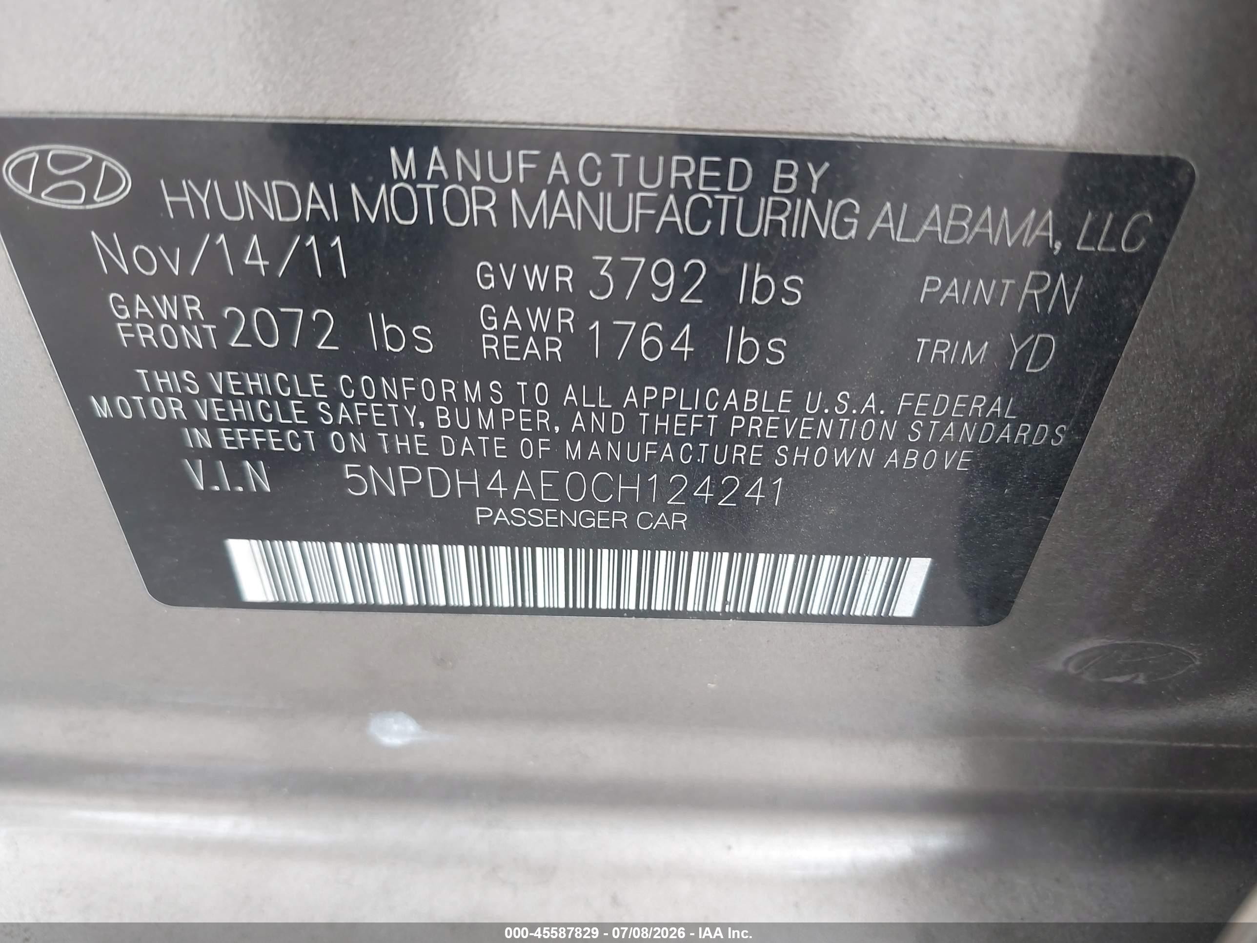 2012 Hyundai Elantra Gls Gold vin: 5NPDH4AE0CH124241