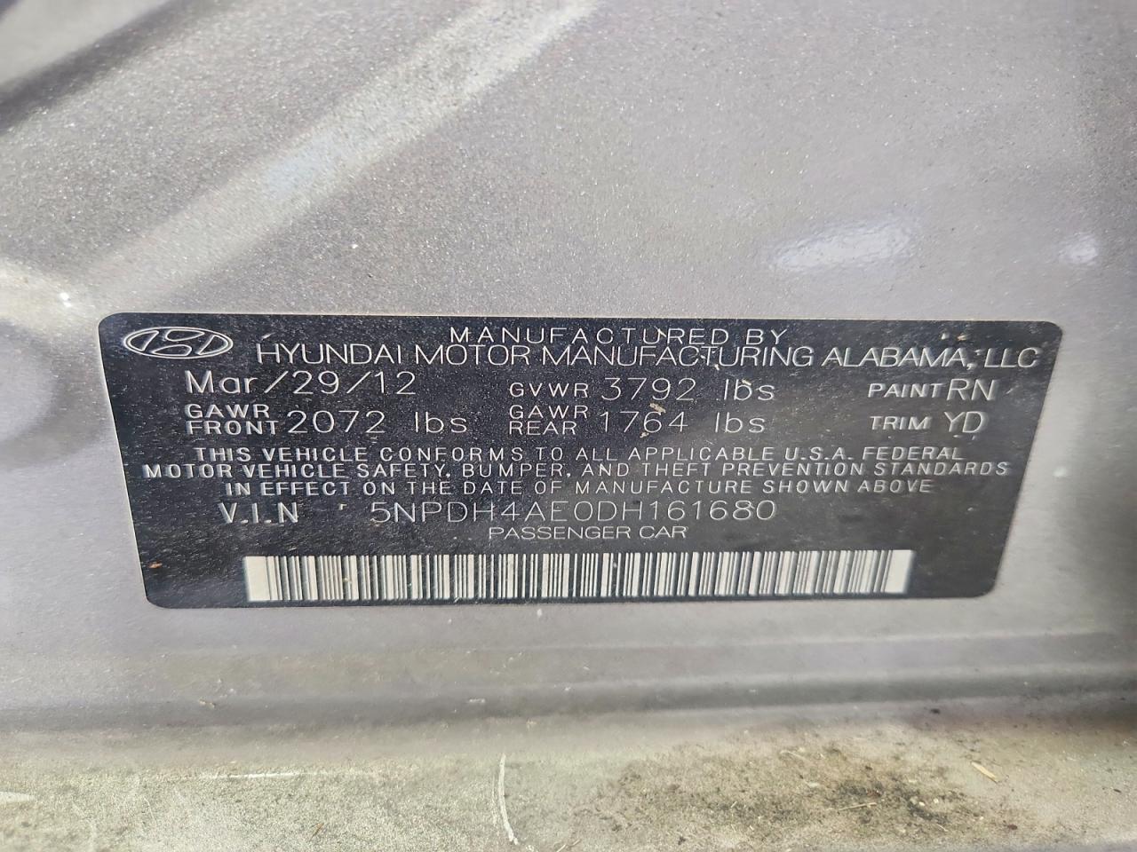 2013 Hyundai Elantra Limited Gold vin: 5NPDH4AE0DH161680