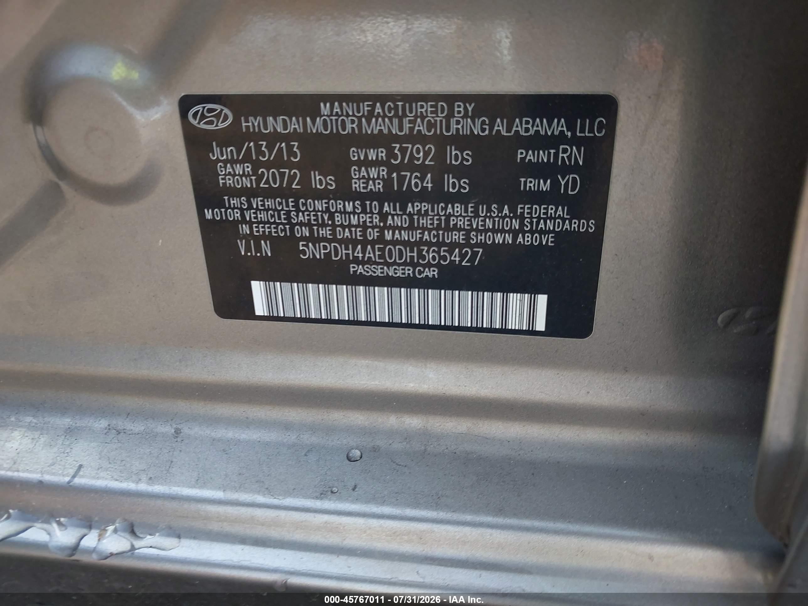 2013 Hyundai Elantra Gls Beige vin: 5NPDH4AE0DH365427