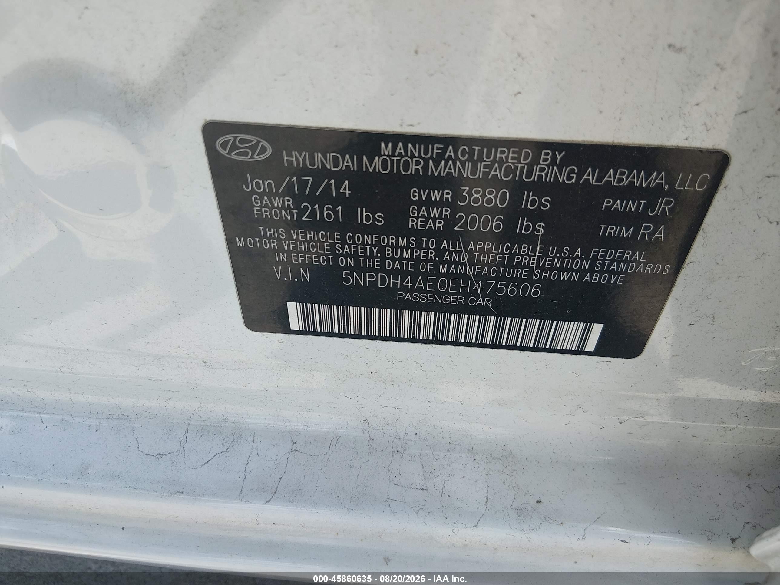 2014 Hyundai Elantra Se White vin: 5NPDH4AE0EH475606
