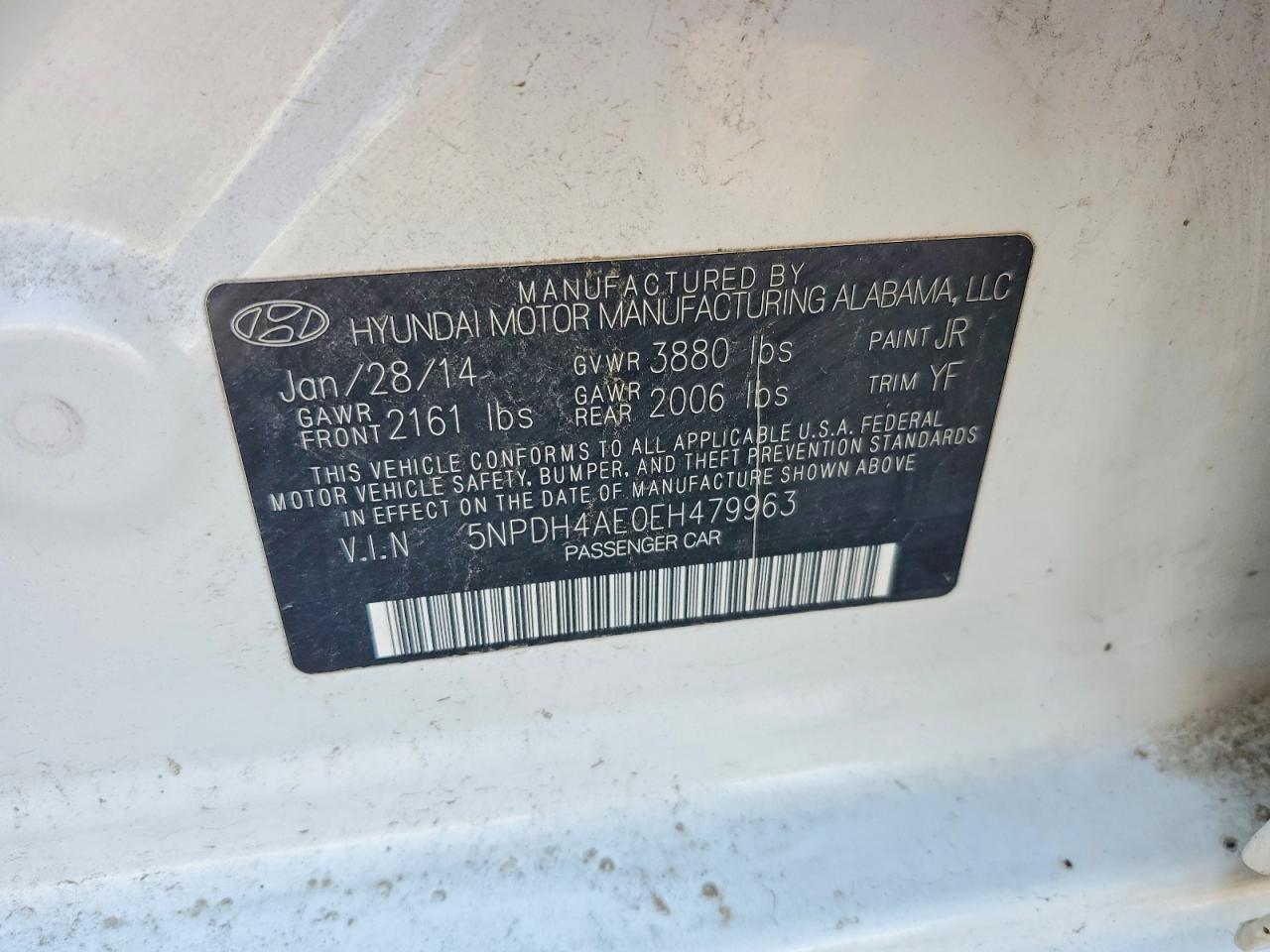 2014 Hyundai Elantra Se White vin: 5NPDH4AE0EH479963