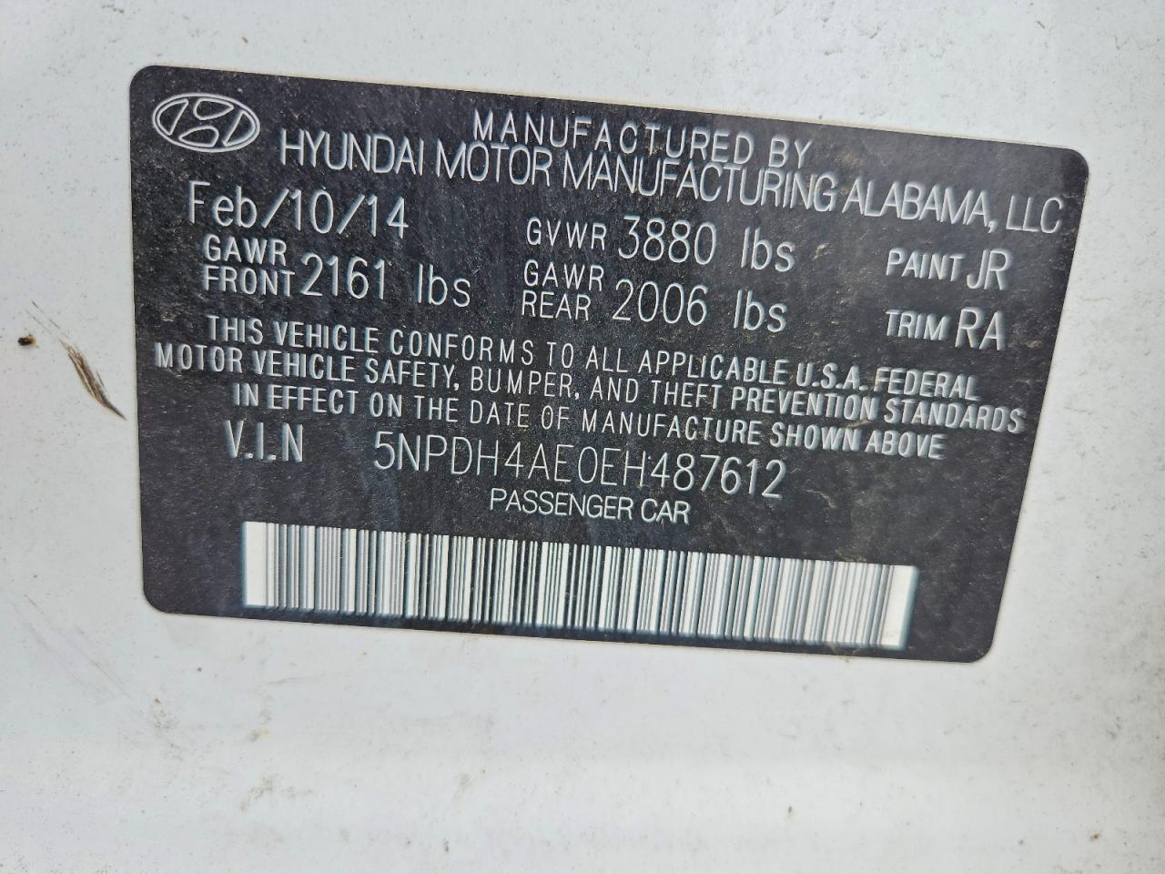 2014 Hyundai Elantra Se White vin: 5NPDH4AE0EH487612