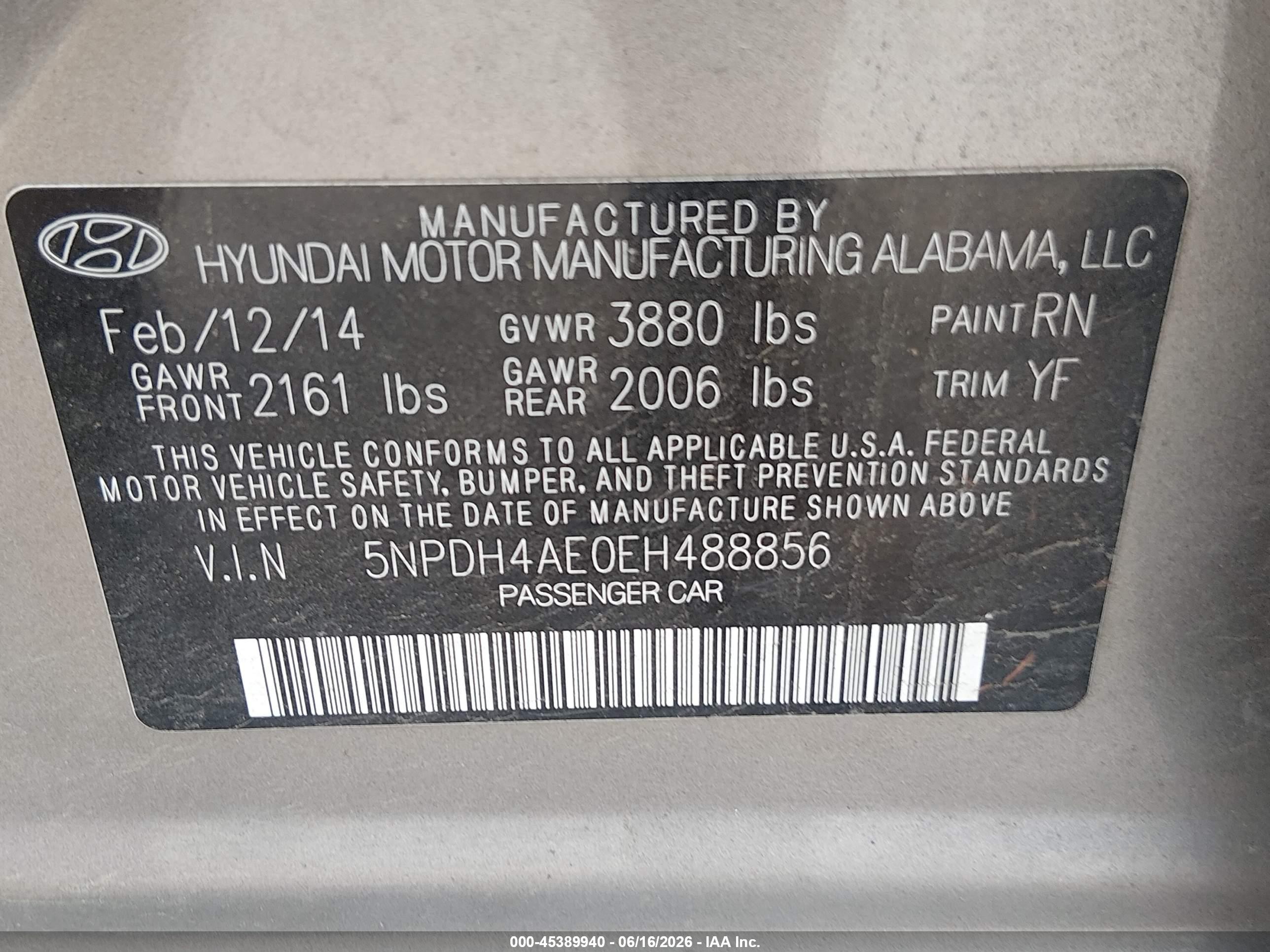 2014 Hyundai Elantra Limited Tan vin: 5NPDH4AE0EH488856