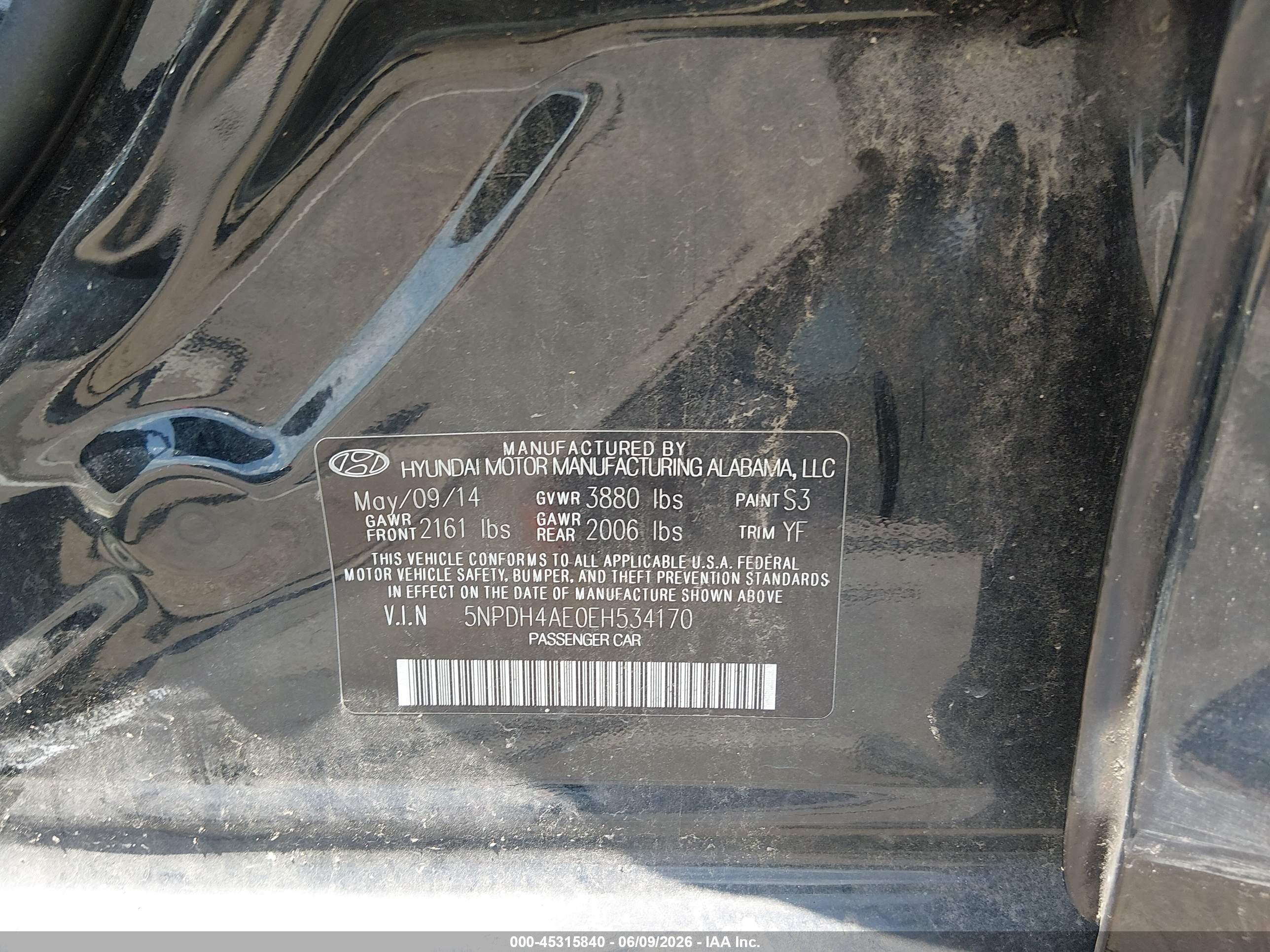 2014 Hyundai Elantra Se Black vin: 5NPDH4AE0EH534170