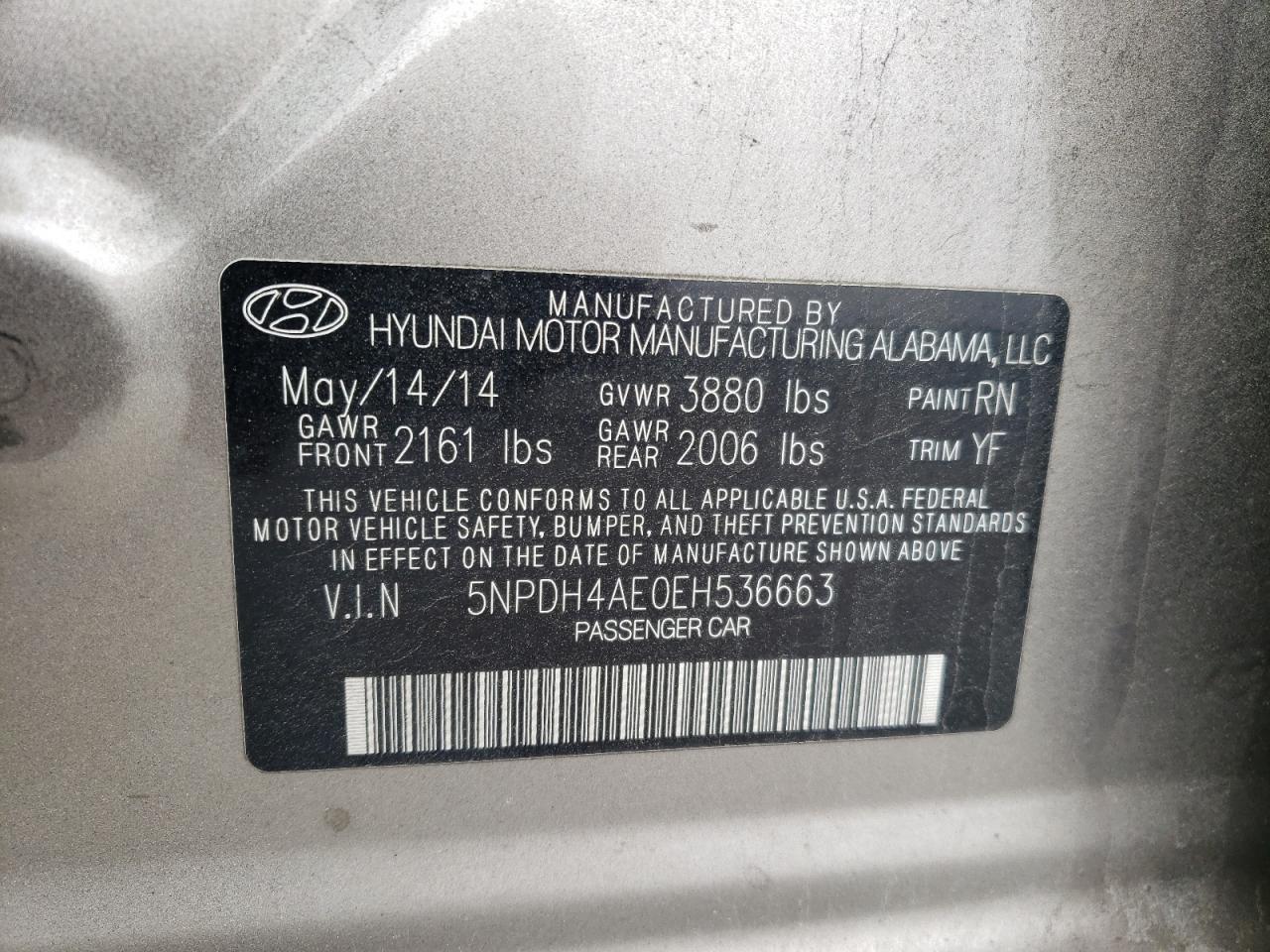 2014 Hyundai Elantra Se Tan vin: 5NPDH4AE0EH536663
