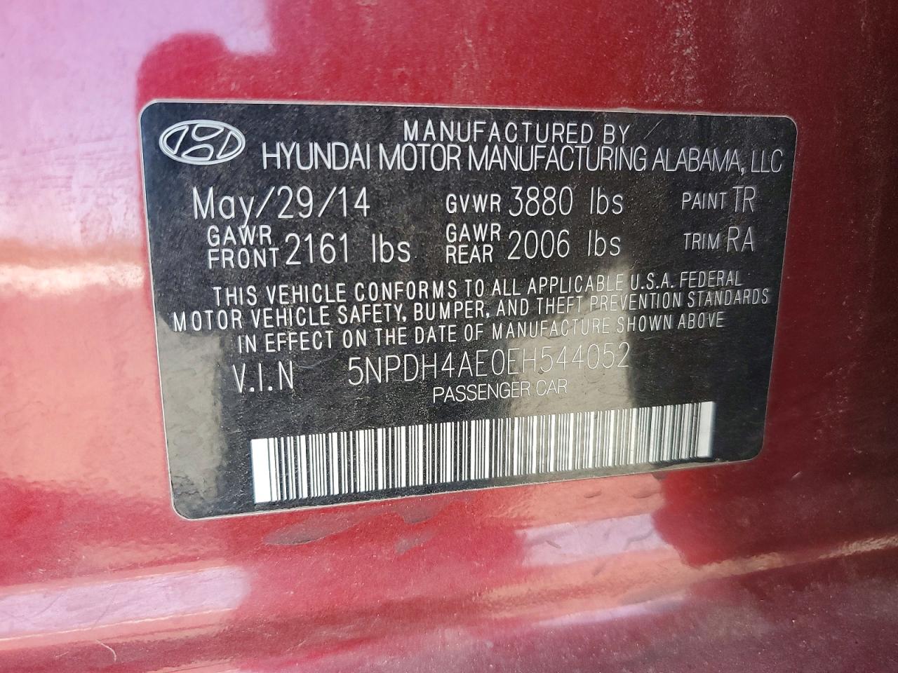 2014 Hyundai Elantra Se Red vin: 5NPDH4AE0EH544052
