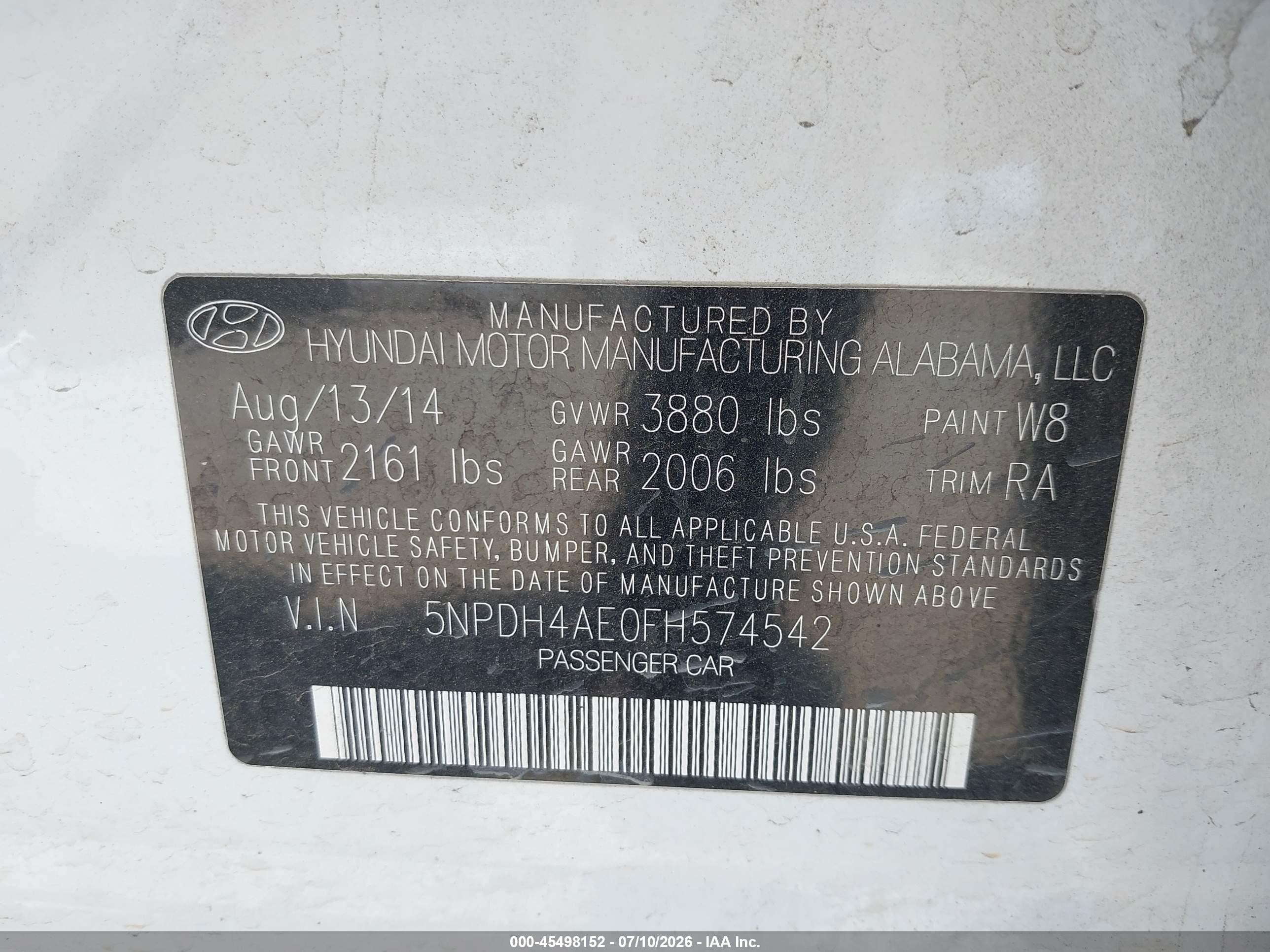 2015 Hyundai Elantra Se White vin: 5NPDH4AE0FH574542
