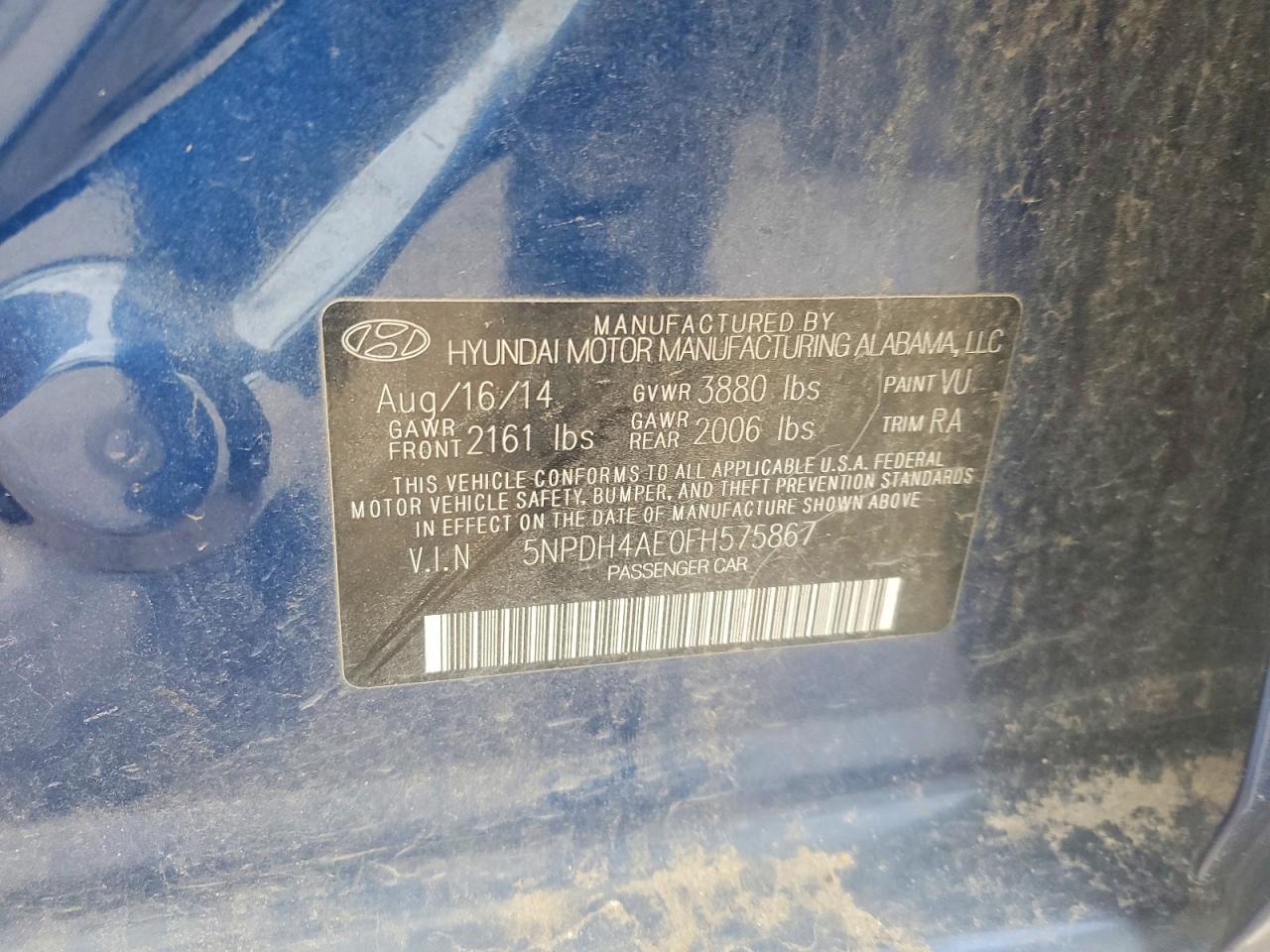 2015 Hyundai Elantra Se Blue vin: 5NPDH4AE0FH575867