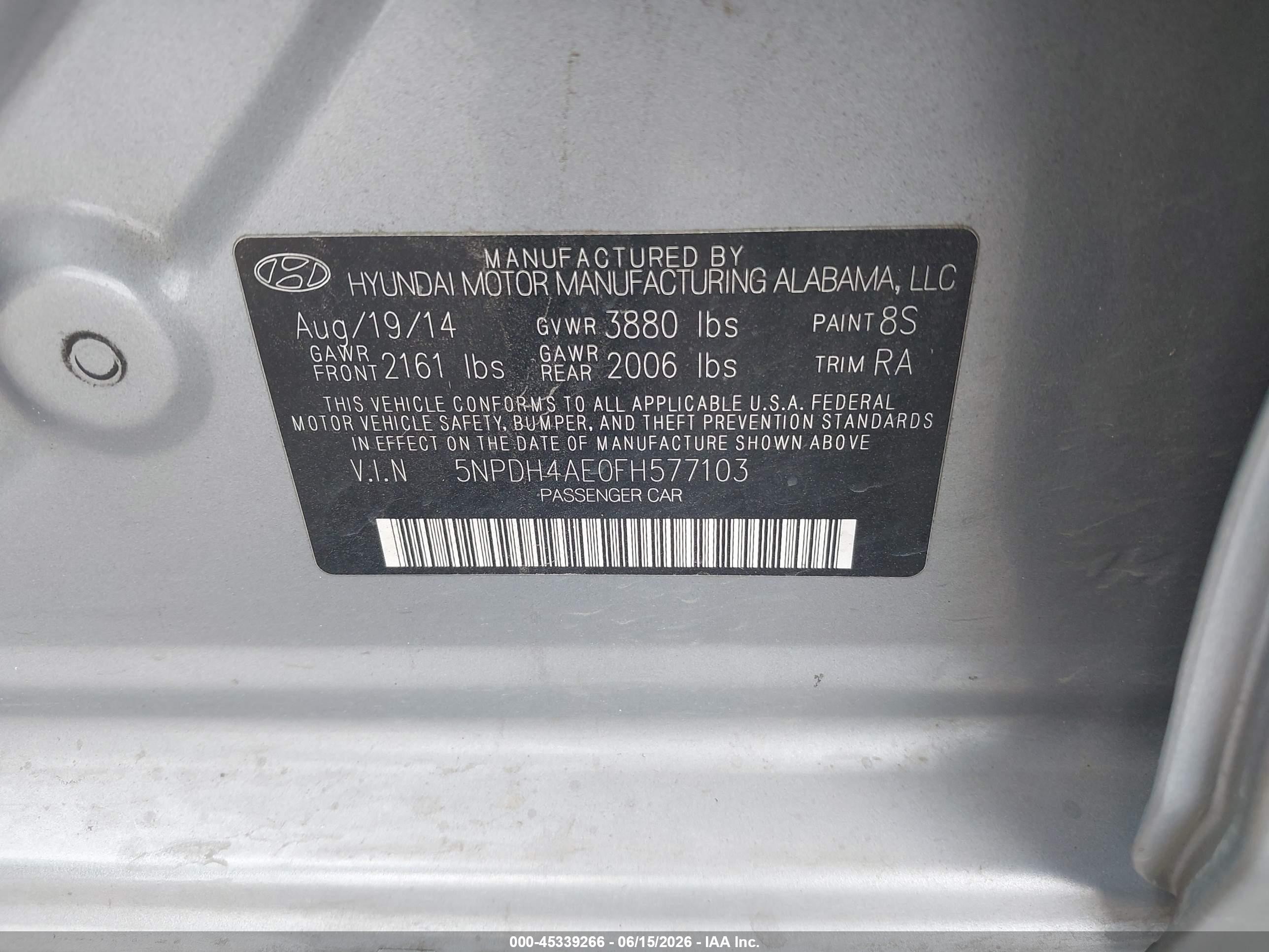 2015 Hyundai Elantra Se Silver vin: 5NPDH4AE0FH577103