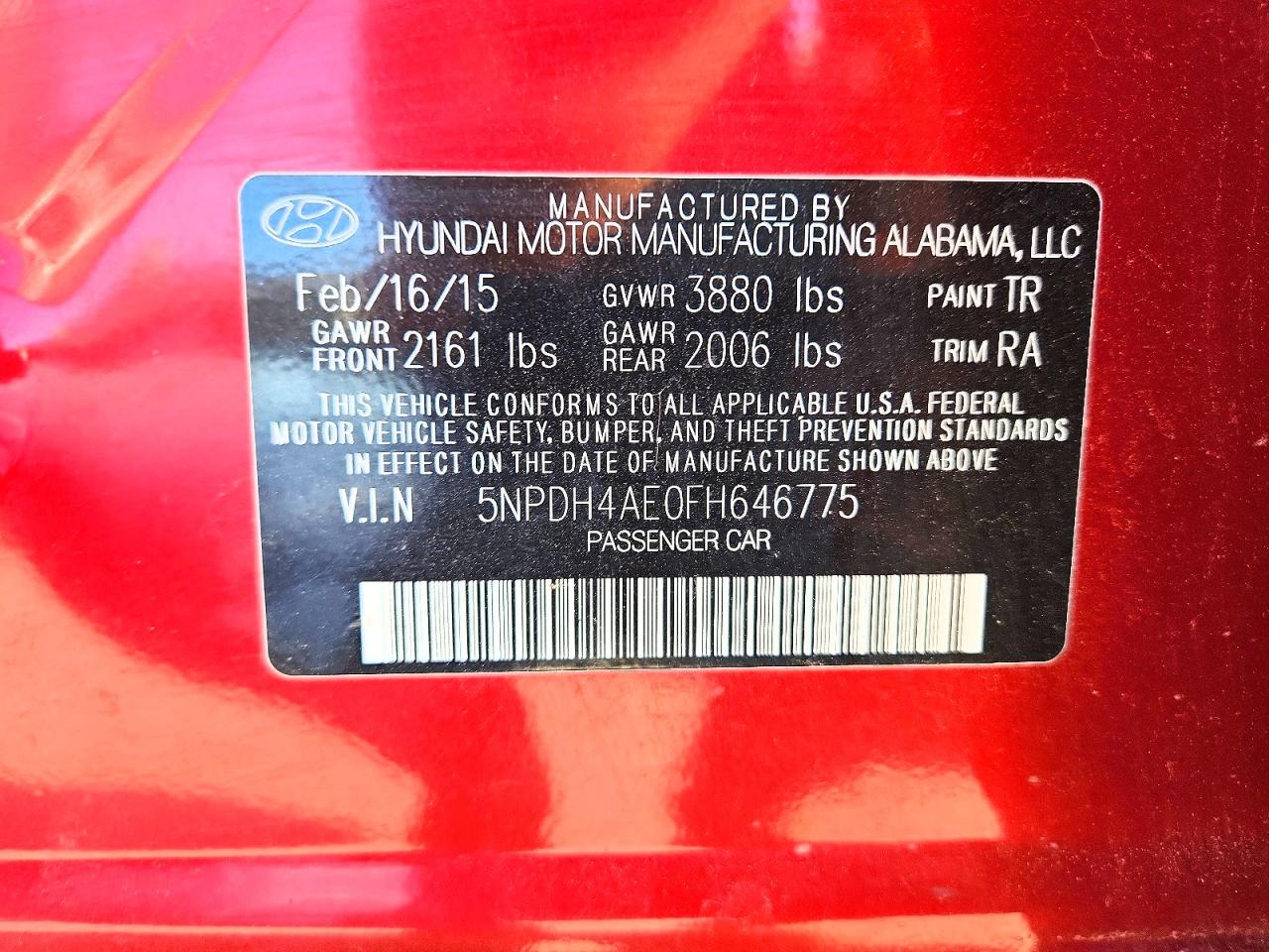 2015 Hyundai Elantra Se Red vin: 5NPDH4AE0FH646775