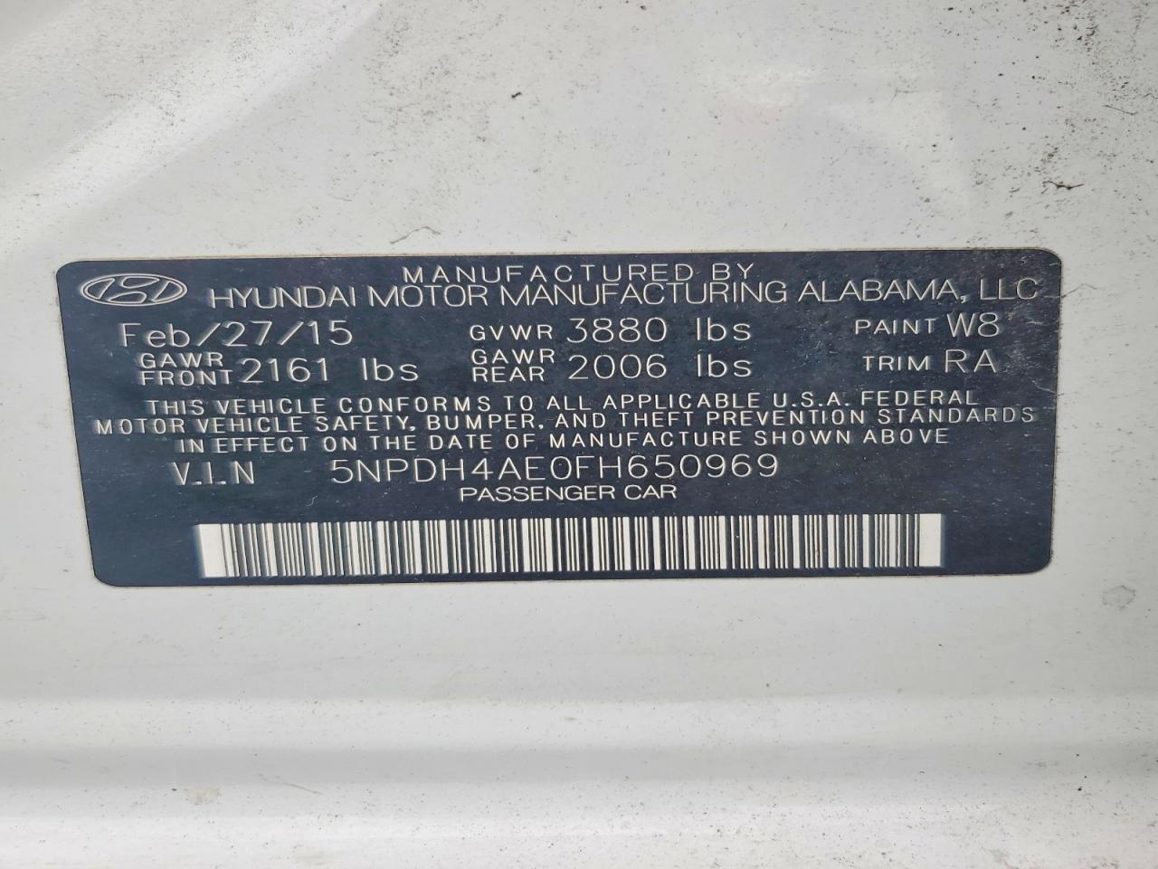 2015 Hyundai Elantra Se White vin: 5NPDH4AE0FH650969