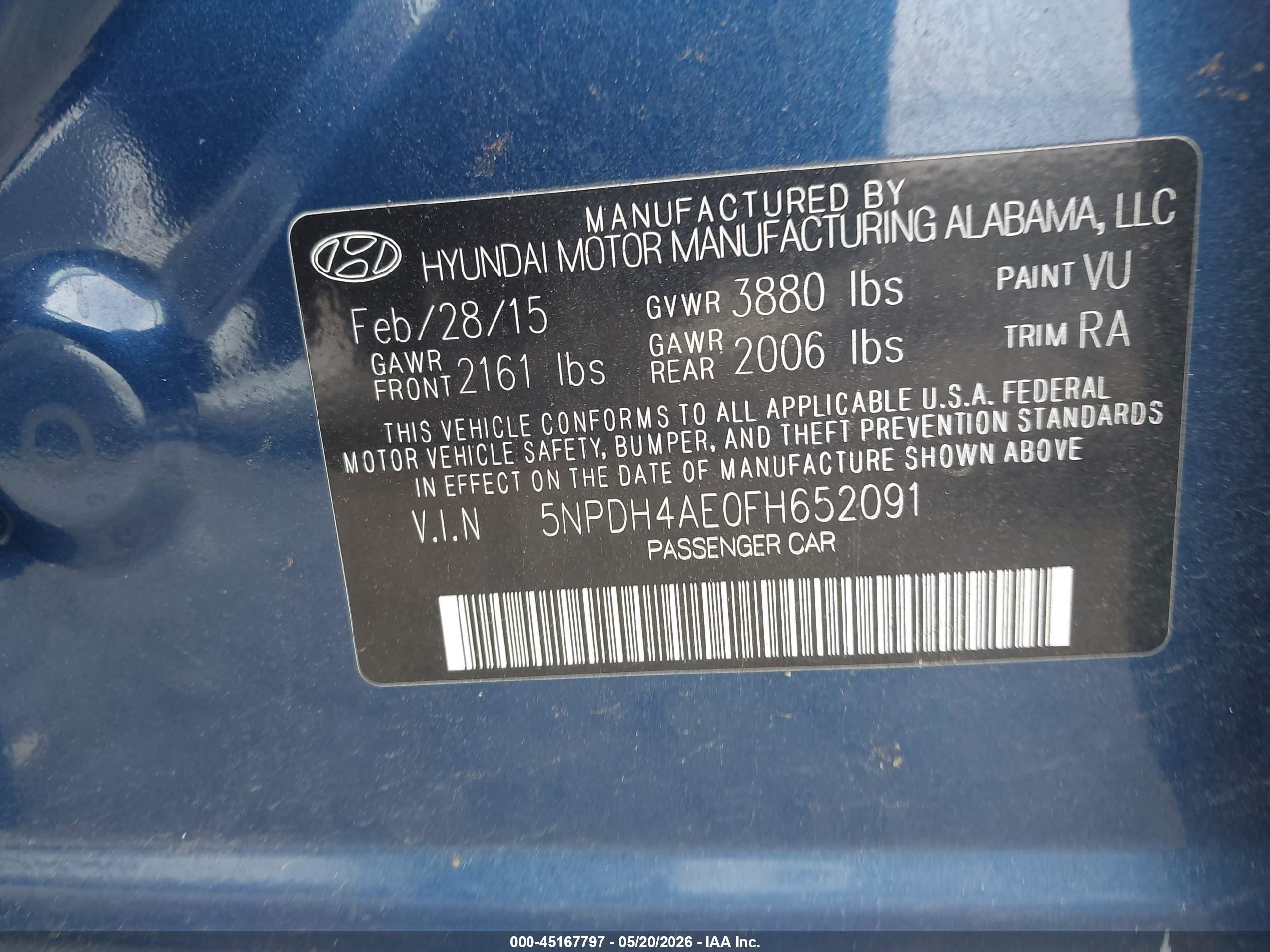 2015 Hyundai Elantra Se Dark Blue vin: 5NPDH4AE0FH652091