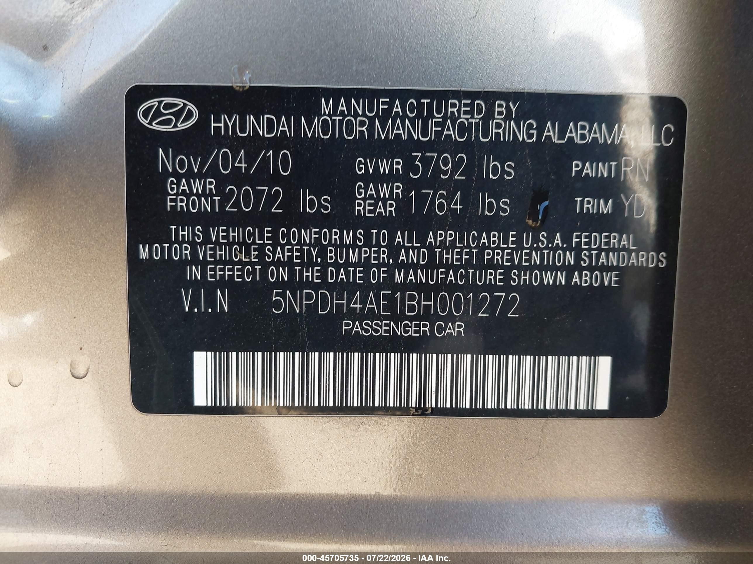 2011 Hyundai Elantra Gls Серый vin: 5NPDH4AE1BH001272