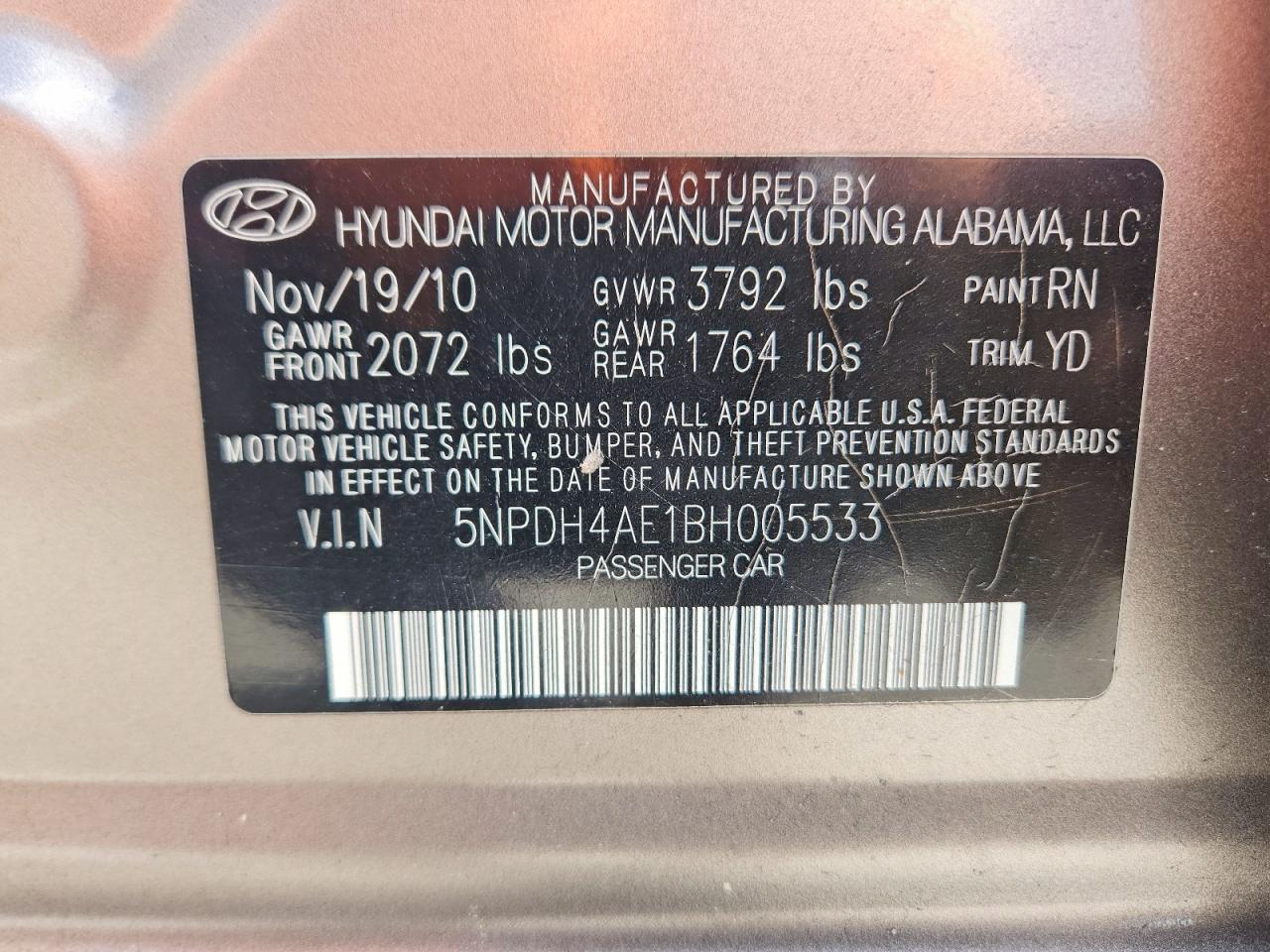 2011 Hyundai Elantra Gls Beige vin: 5NPDH4AE1BH005533