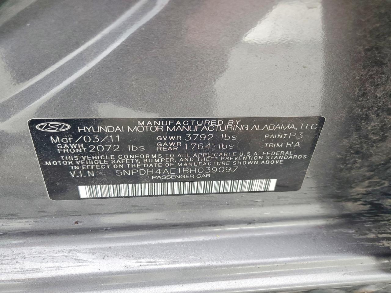 2011 Hyundai Elantra Gls Charcoal vin: 5NPDH4AE1BH039097