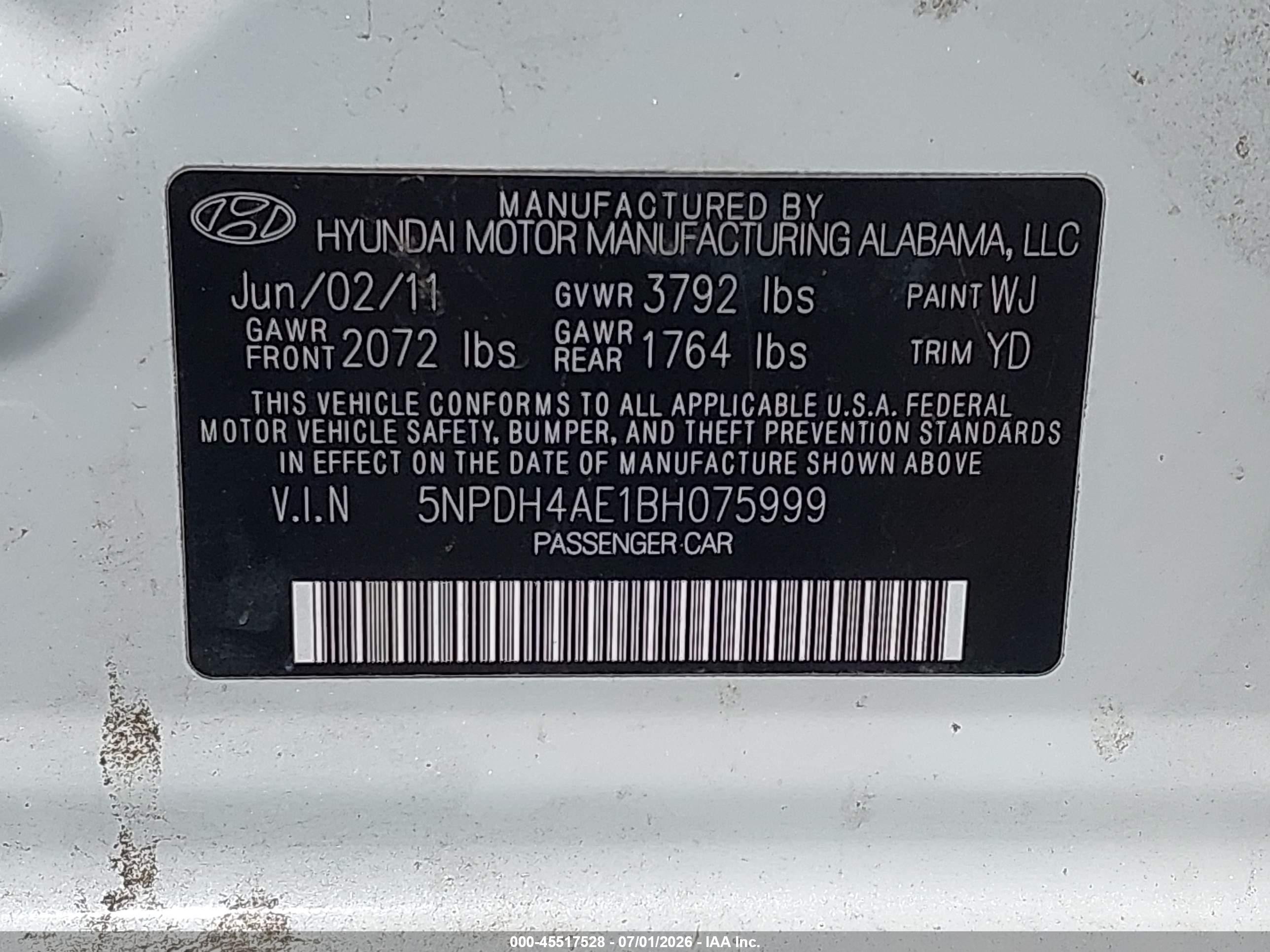 2011 Hyundai Elantra Limited White vin: 5NPDH4AE1BH075999