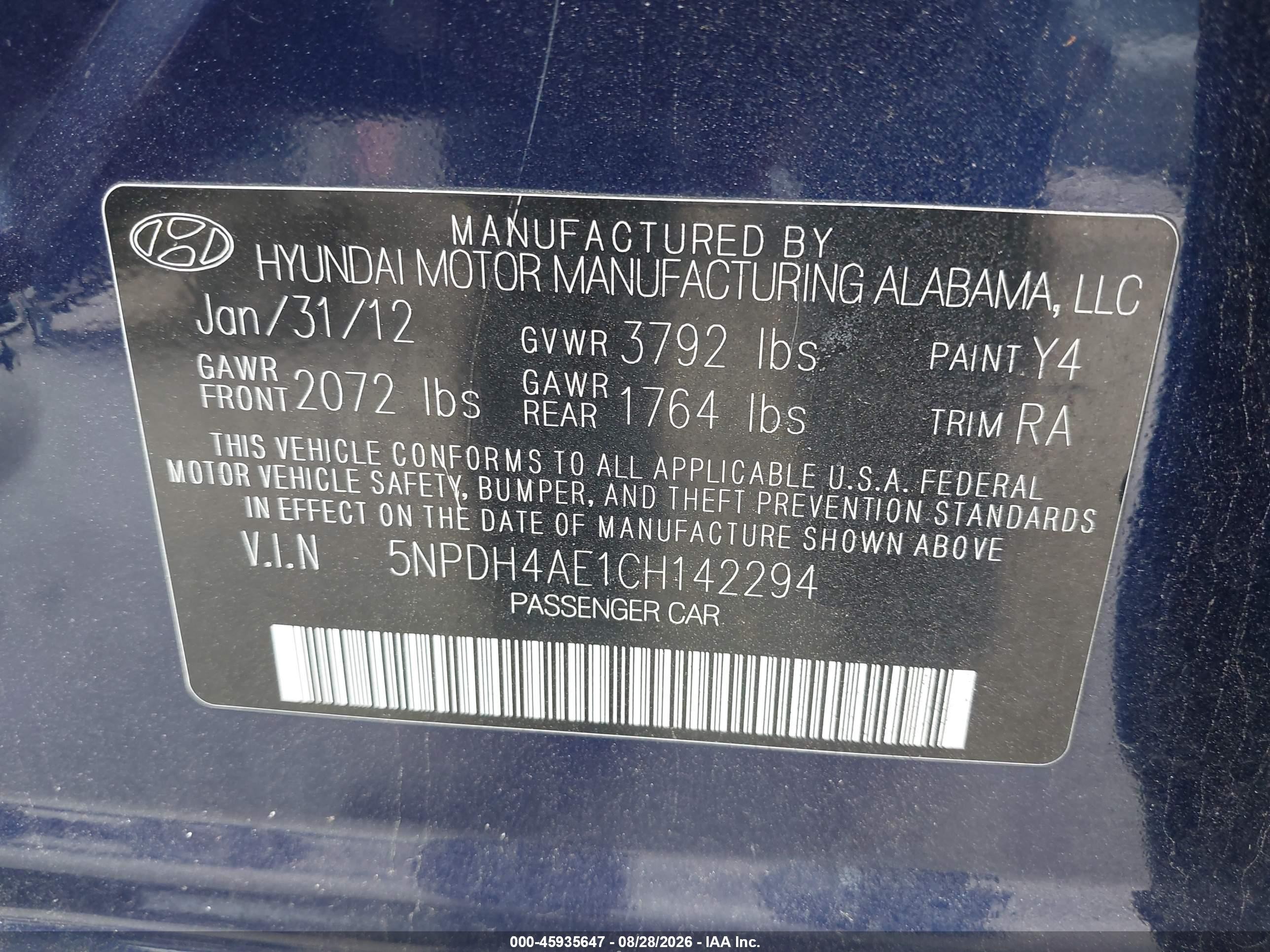 2012 Hyundai Elantra Gls Dark Blue vin: 5NPDH4AE1CH142294