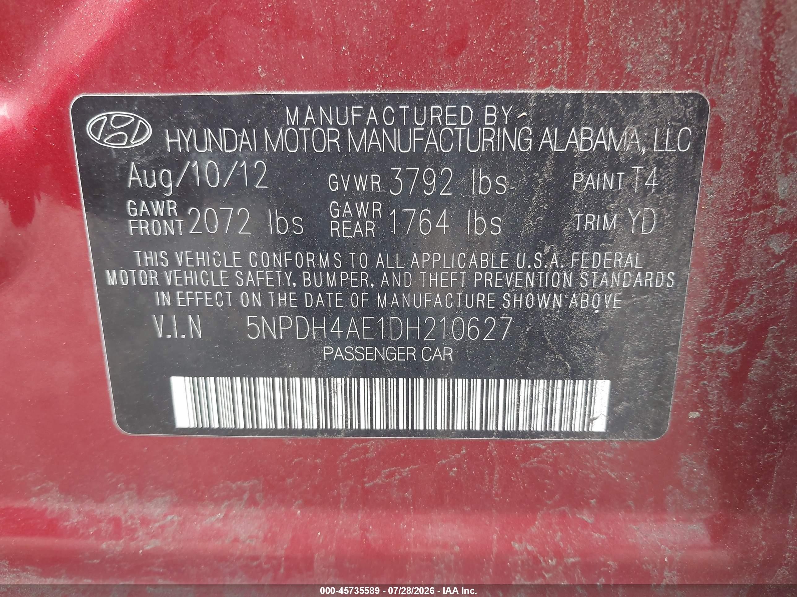 2013 Hyundai Elantra Gls Red vin: 5NPDH4AE1DH210627
