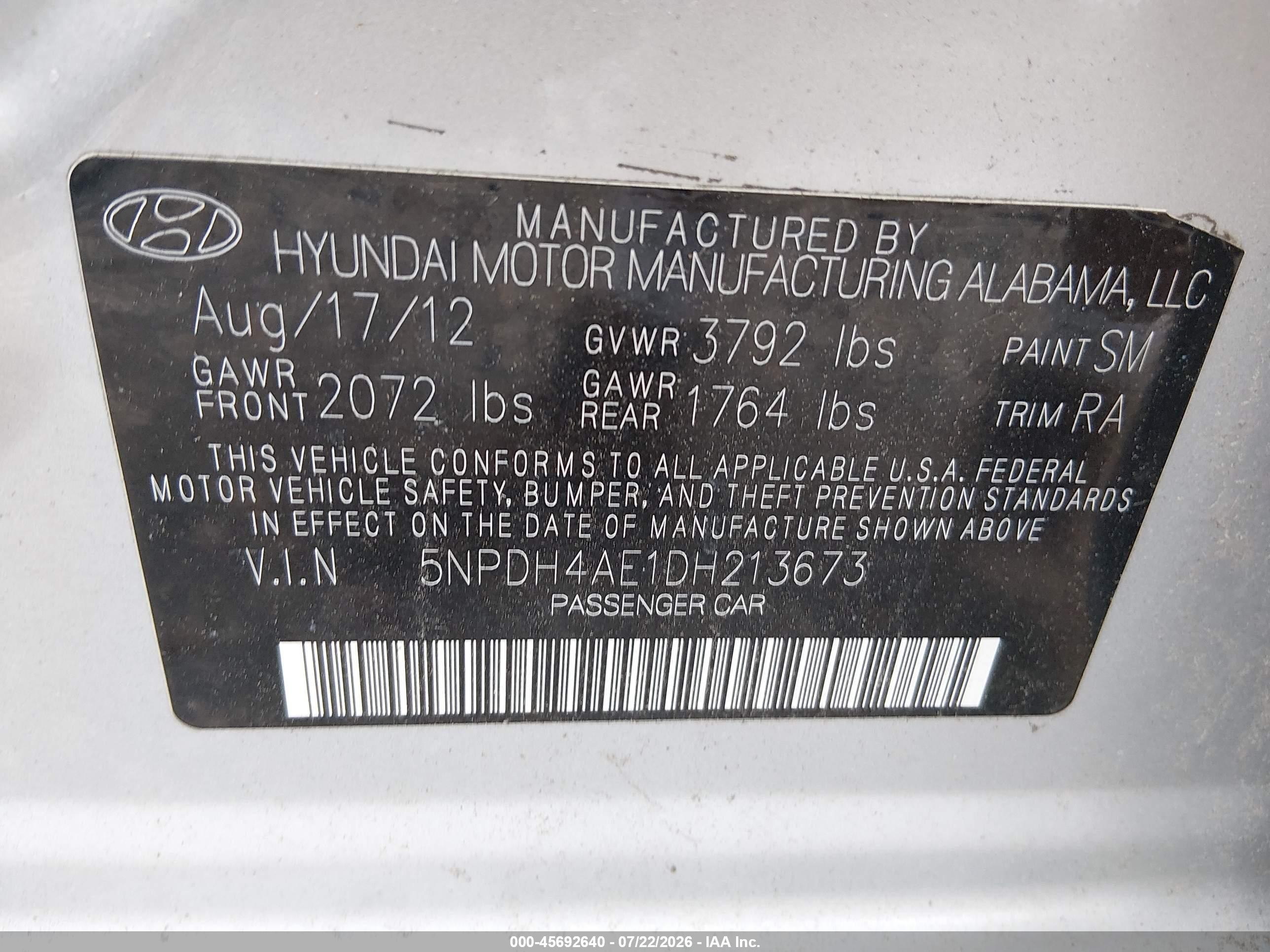 2013 Hyundai Elantra Gls Gray vin: 5NPDH4AE1DH213673