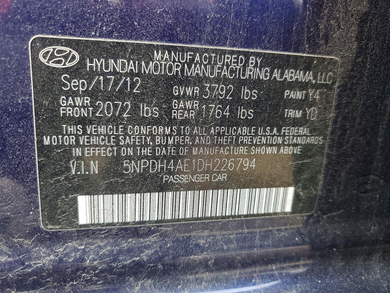 2013 Hyundai Elantra Limited Blue vin: 5NPDH4AE1DH226794