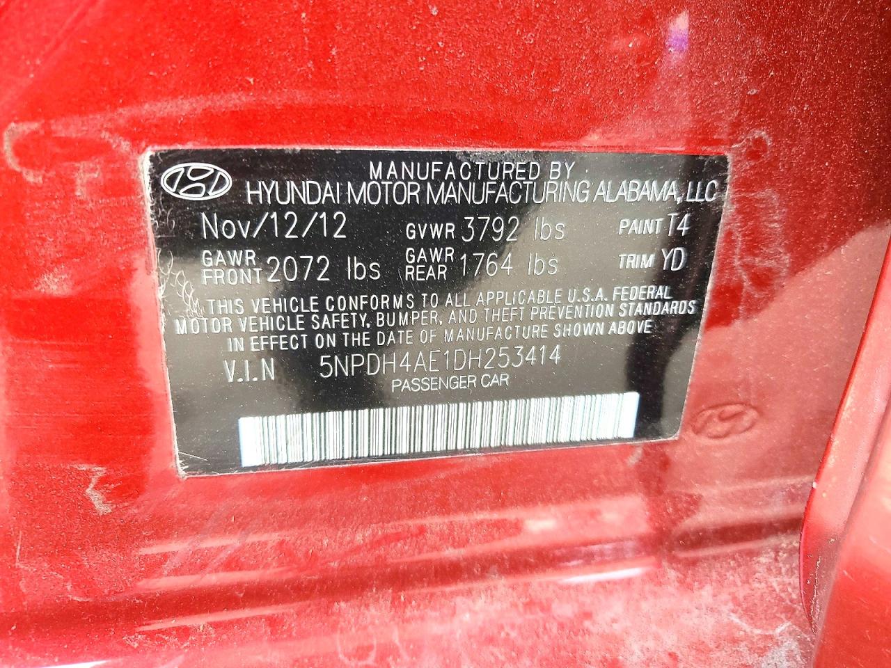 2013 Hyundai Elantra Gls Red vin: 5NPDH4AE1DH253414