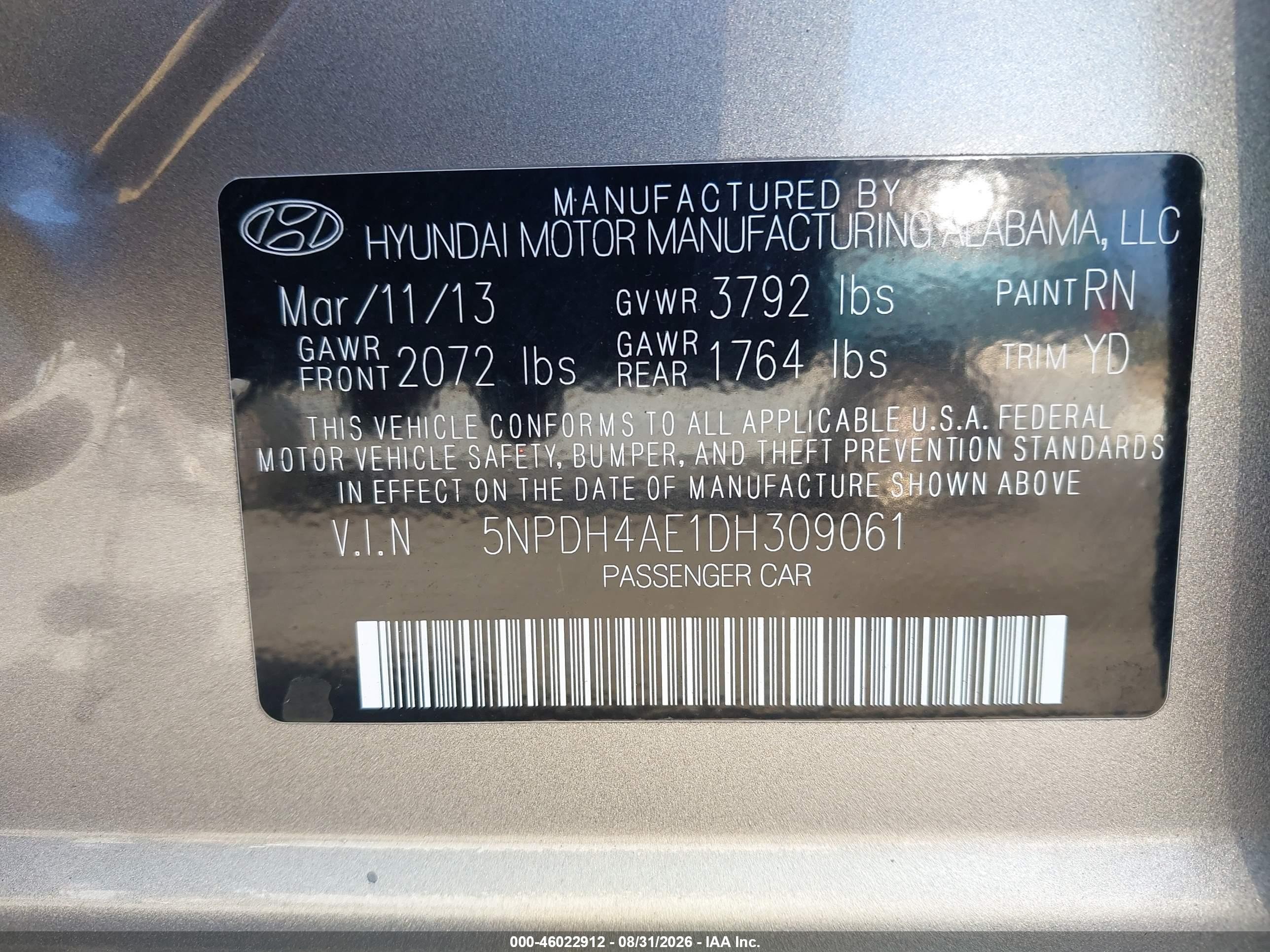 2013 Hyundai Elantra Gls Gold vin: 5NPDH4AE1DH309061