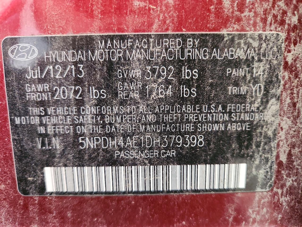 2013 Hyundai Elantra Gls Red vin: 5NPDH4AE1DH379398