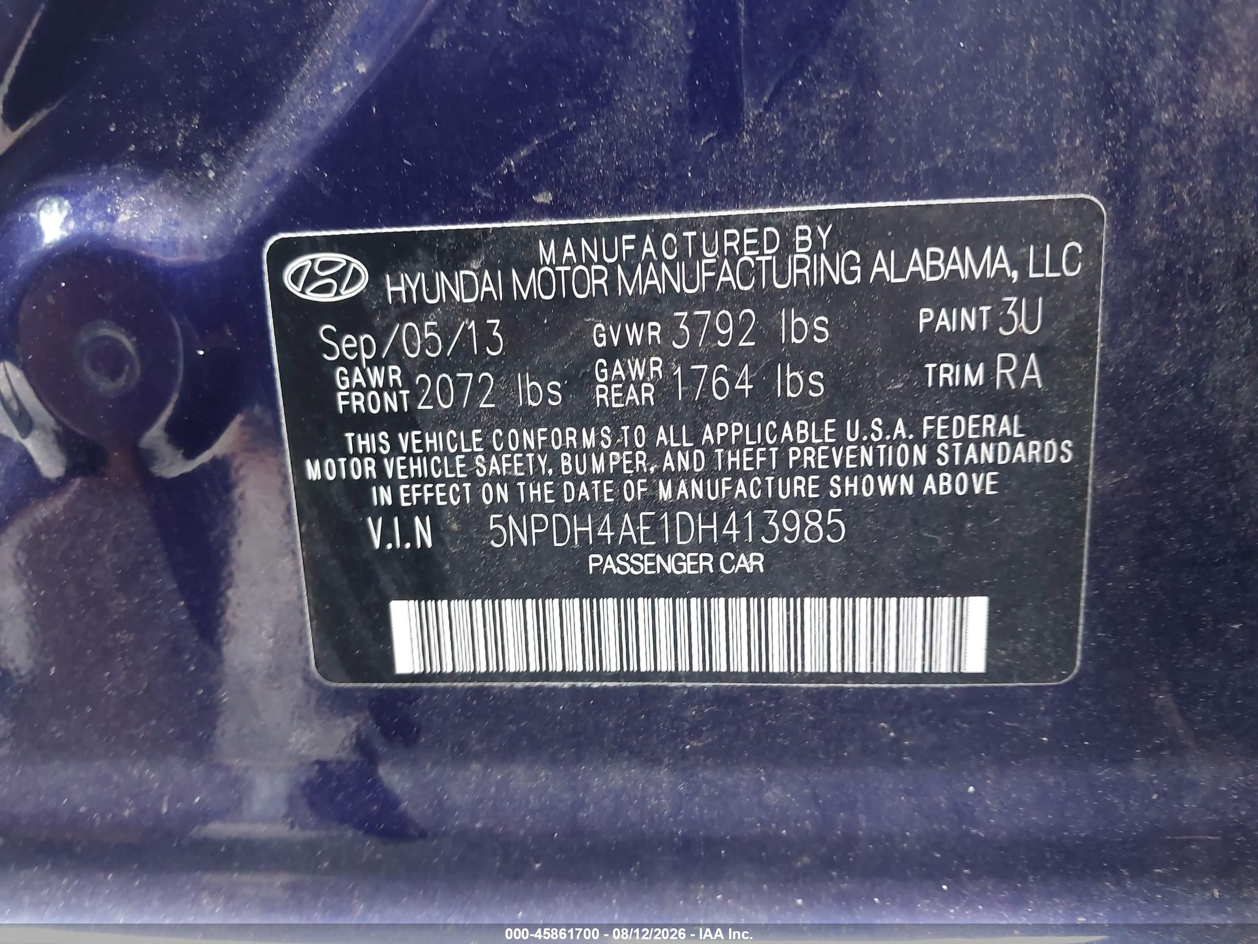 2013 Hyundai Elantra Gls Dark Blue vin: 5NPDH4AE1DH413985