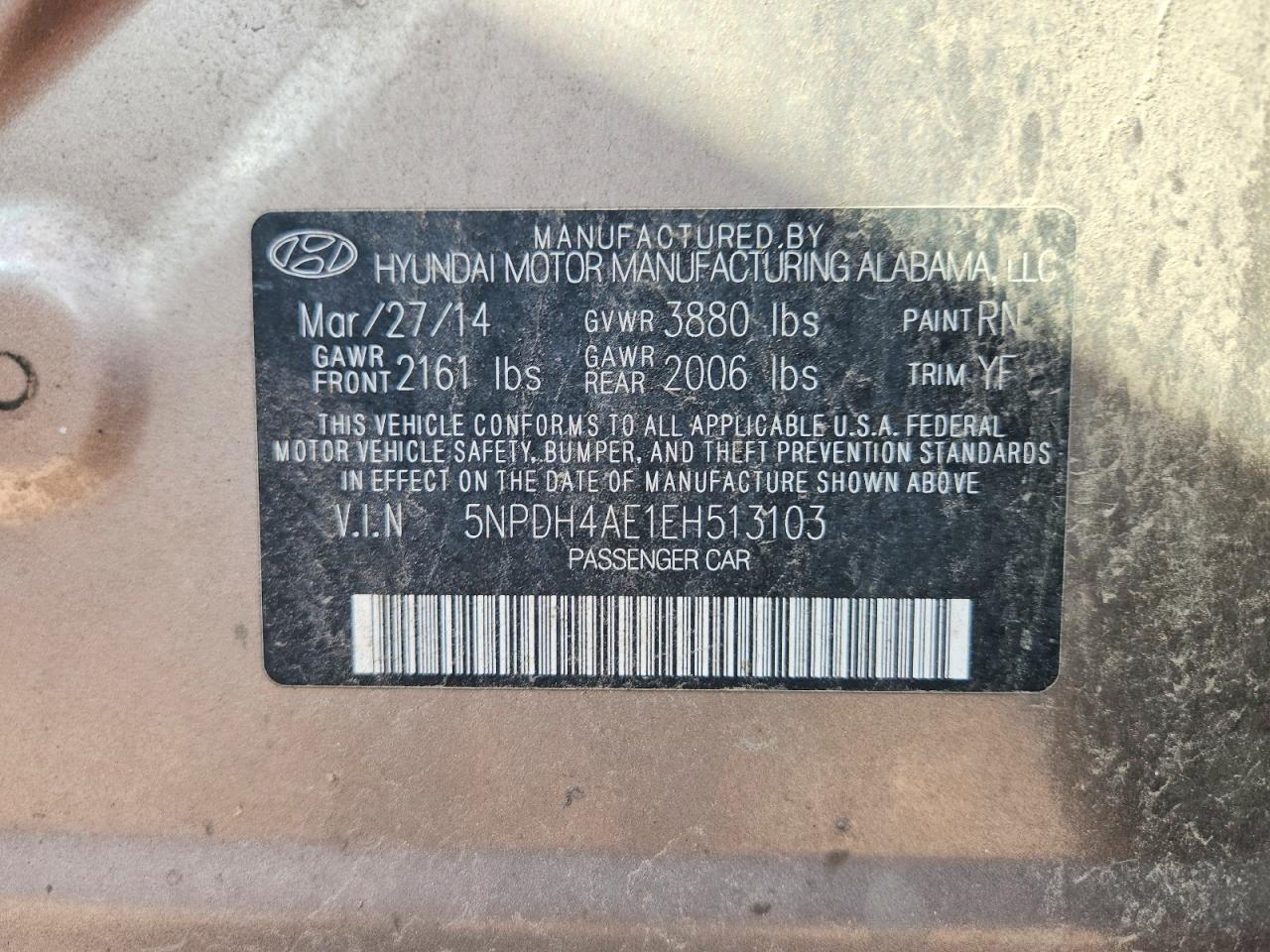 2014 Hyundai Elantra Se Gold vin: 5NPDH4AE1EH513103