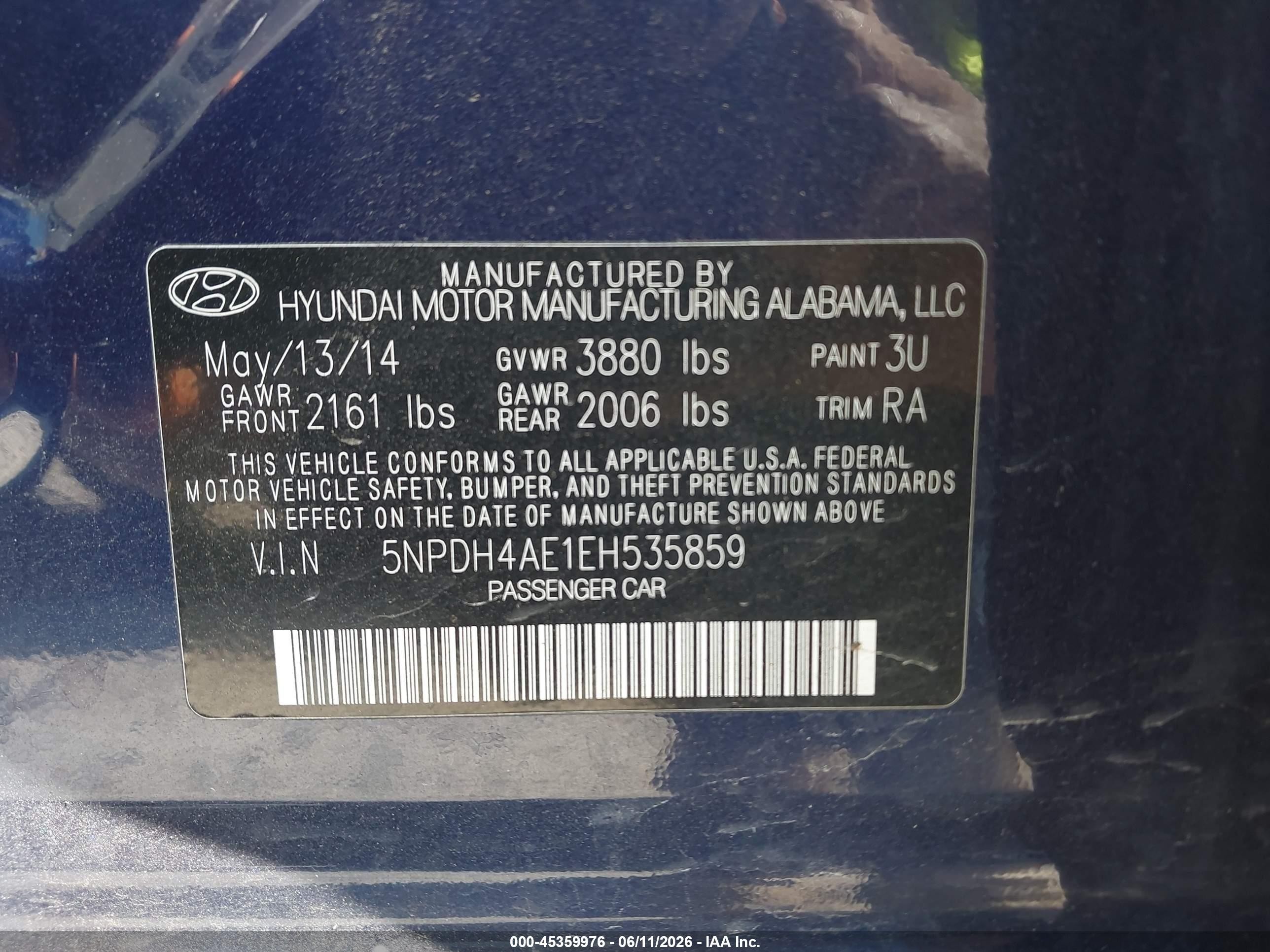 2014 Hyundai Elantra Se Blue vin: 5NPDH4AE1EH535859