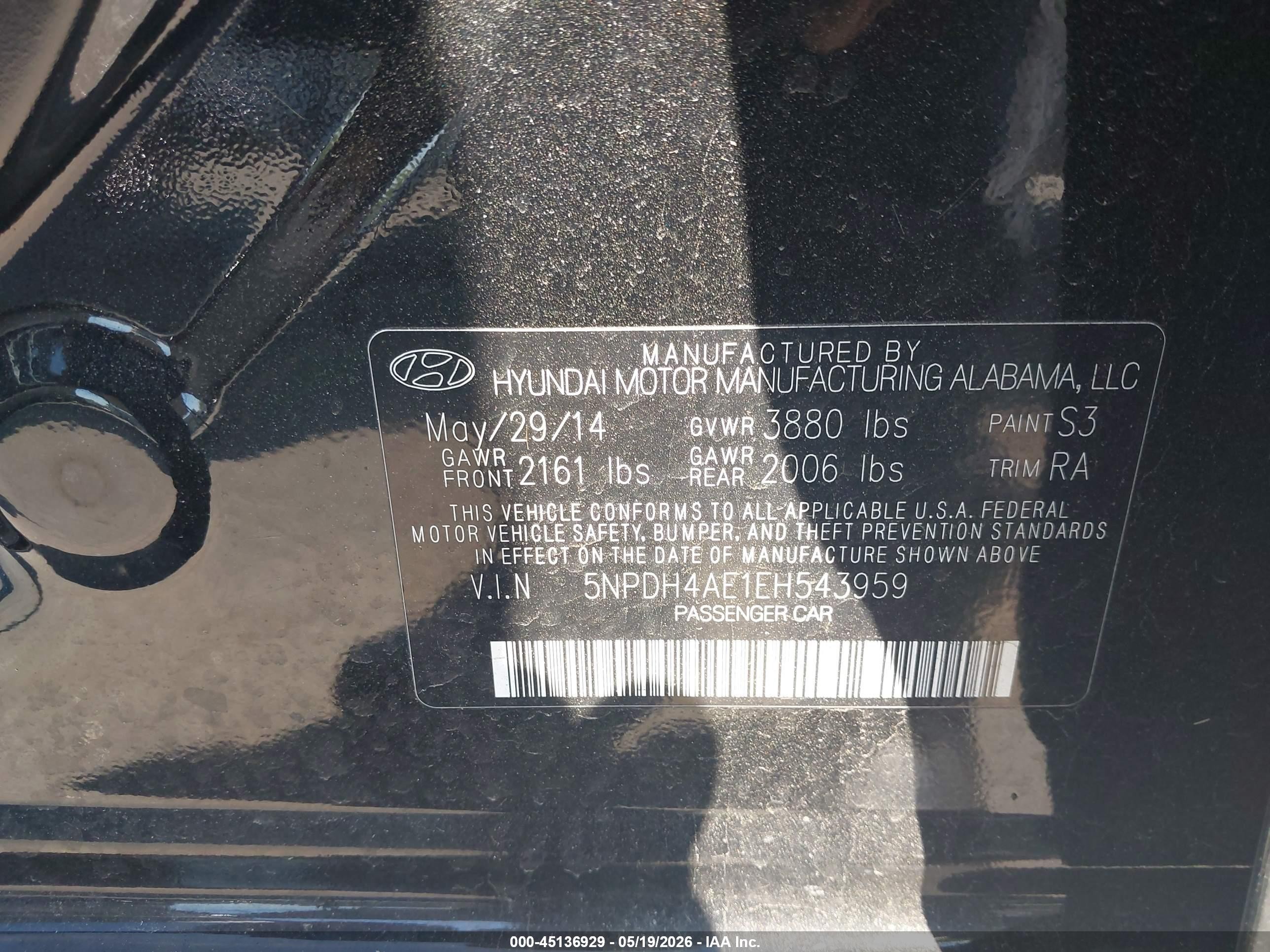 2014 Hyundai Elantra Limited Black vin: 5NPDH4AE1EH543959