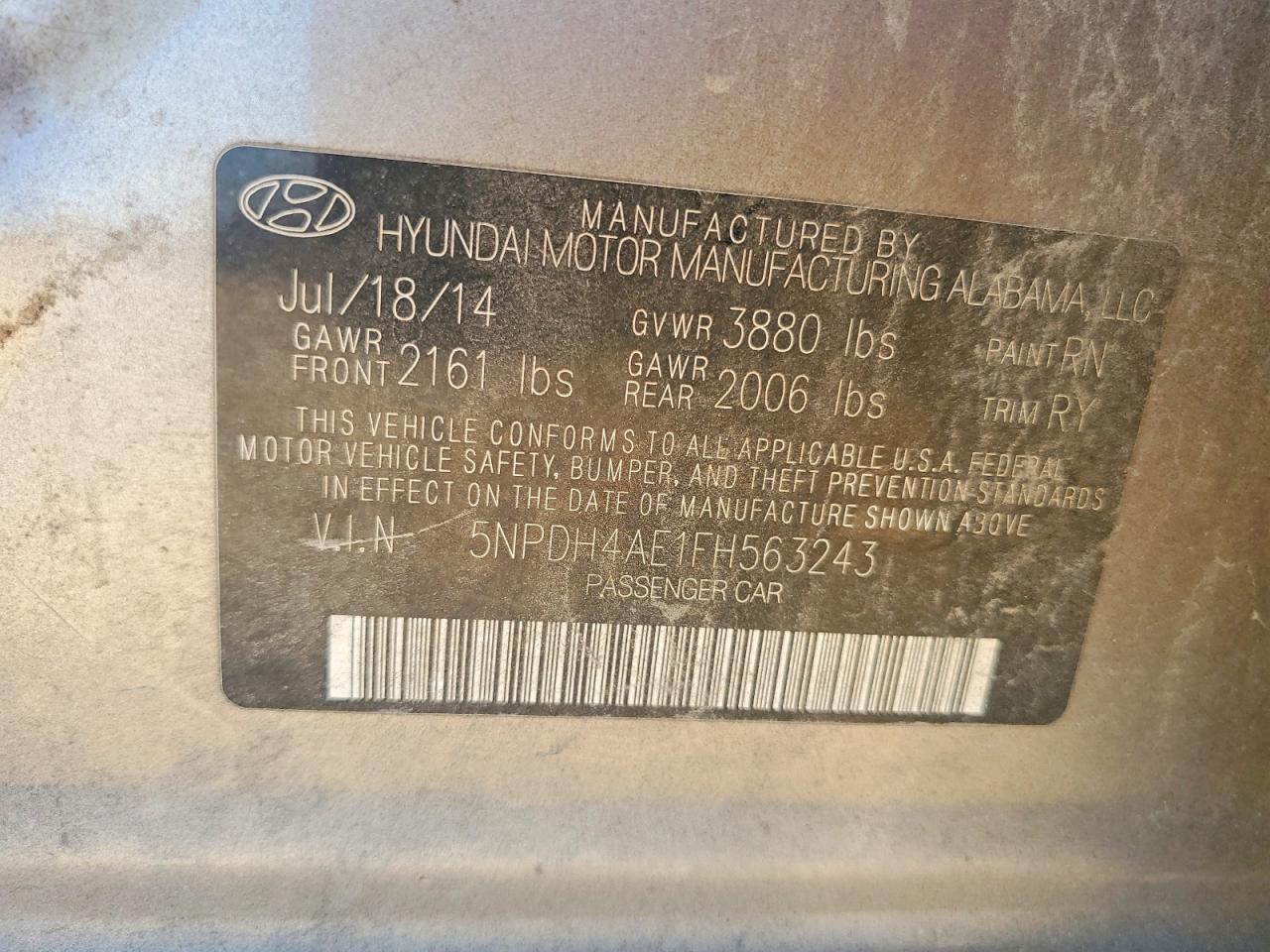 2015 Hyundai Elantra Limited Gold vin: 5NPDH4AE1FH563243