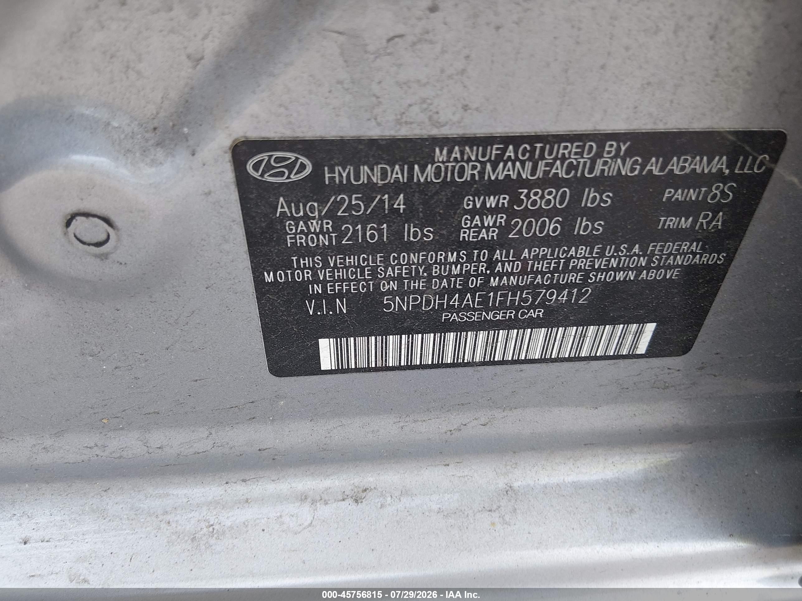 2015 Hyundai Elantra Se Silver vin: 5NPDH4AE1FH579412