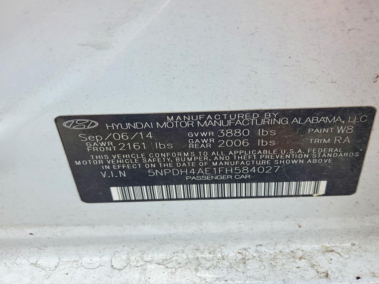 2015 Hyundai Elantra Se White vin: 5NPDH4AE1FH584027