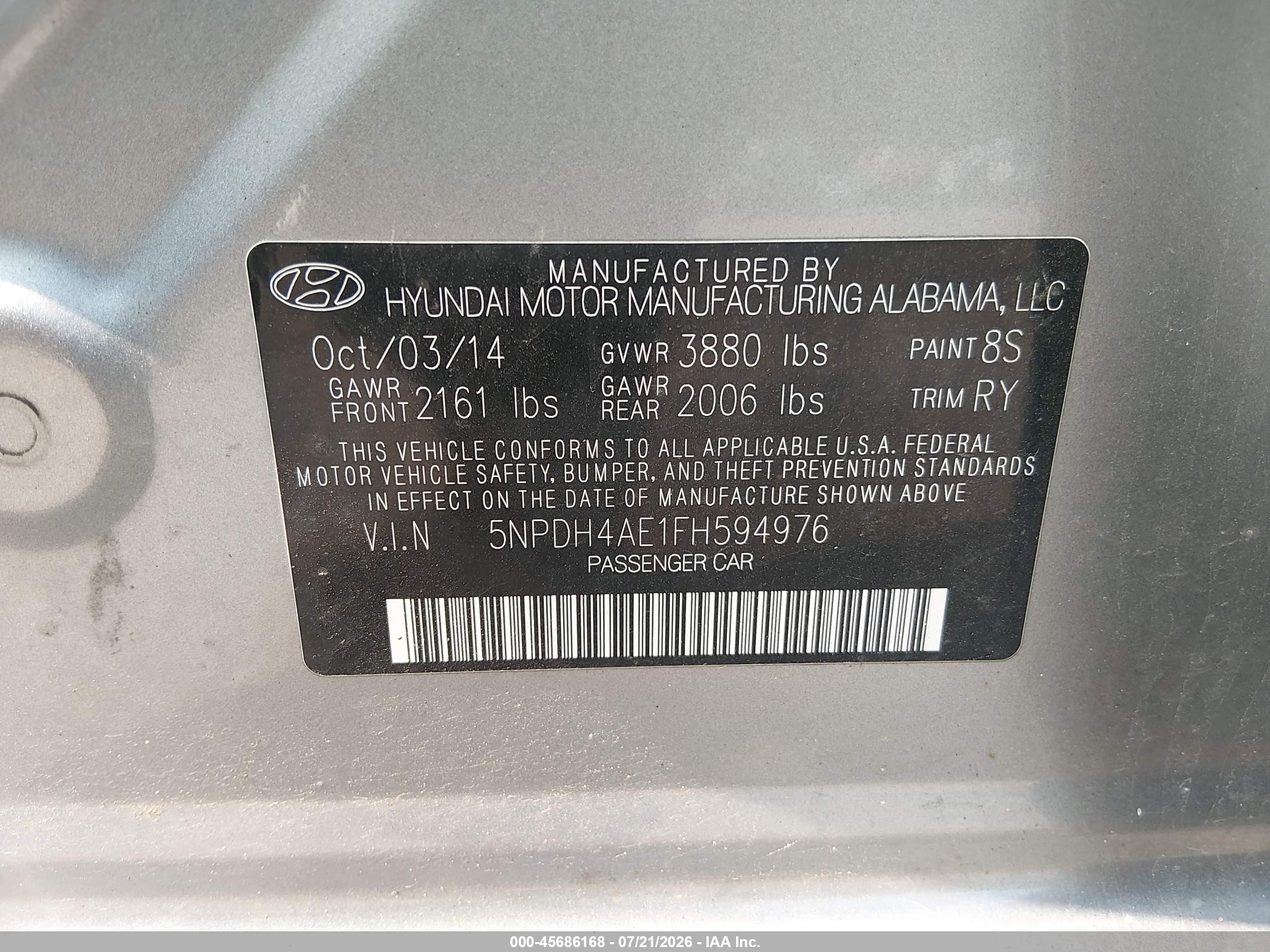 2015 Hyundai Elantra Se Gray vin: 5NPDH4AE1FH594976