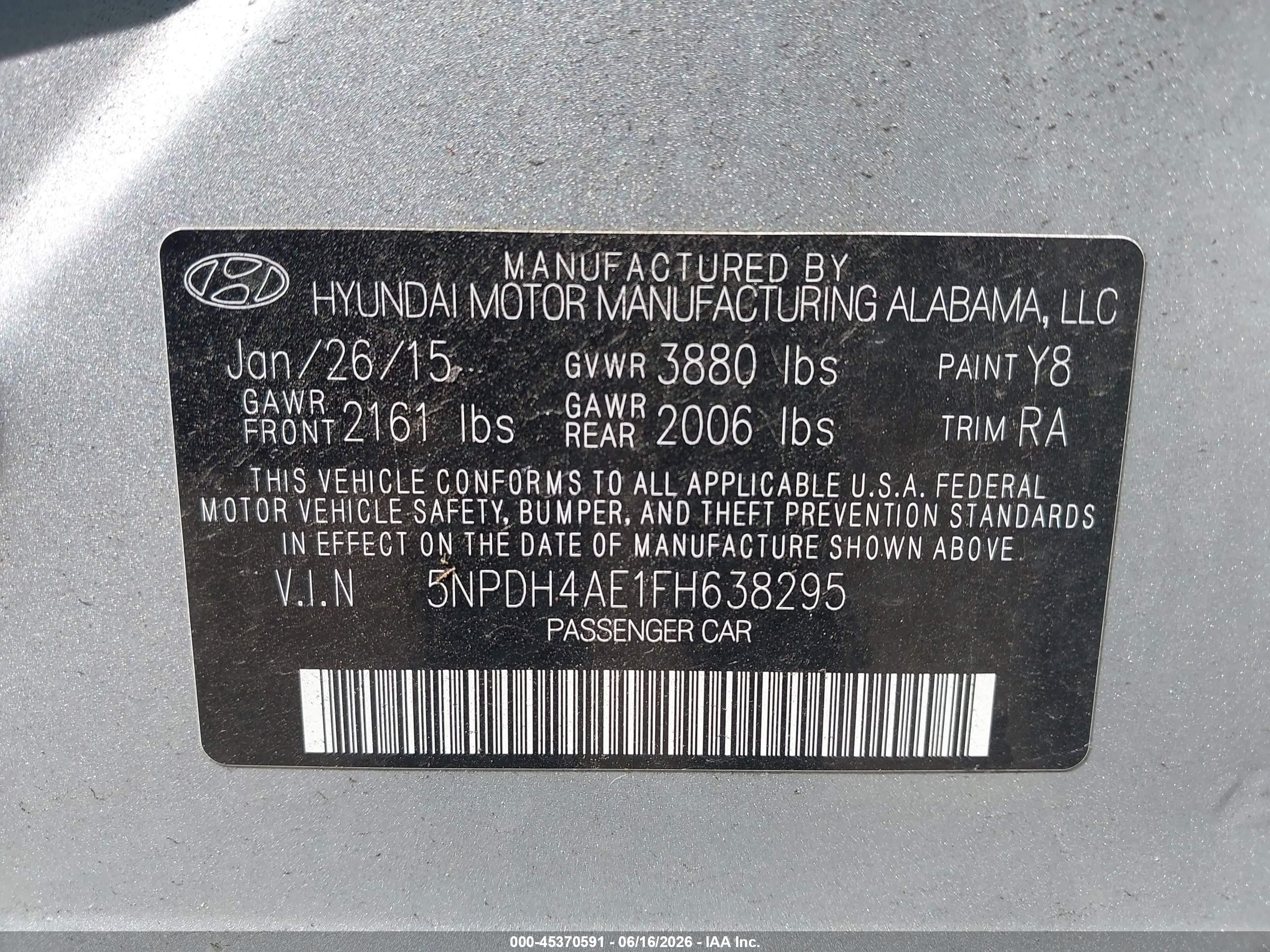 2015 Hyundai Elantra Se Gray vin: 5NPDH4AE1FH638295