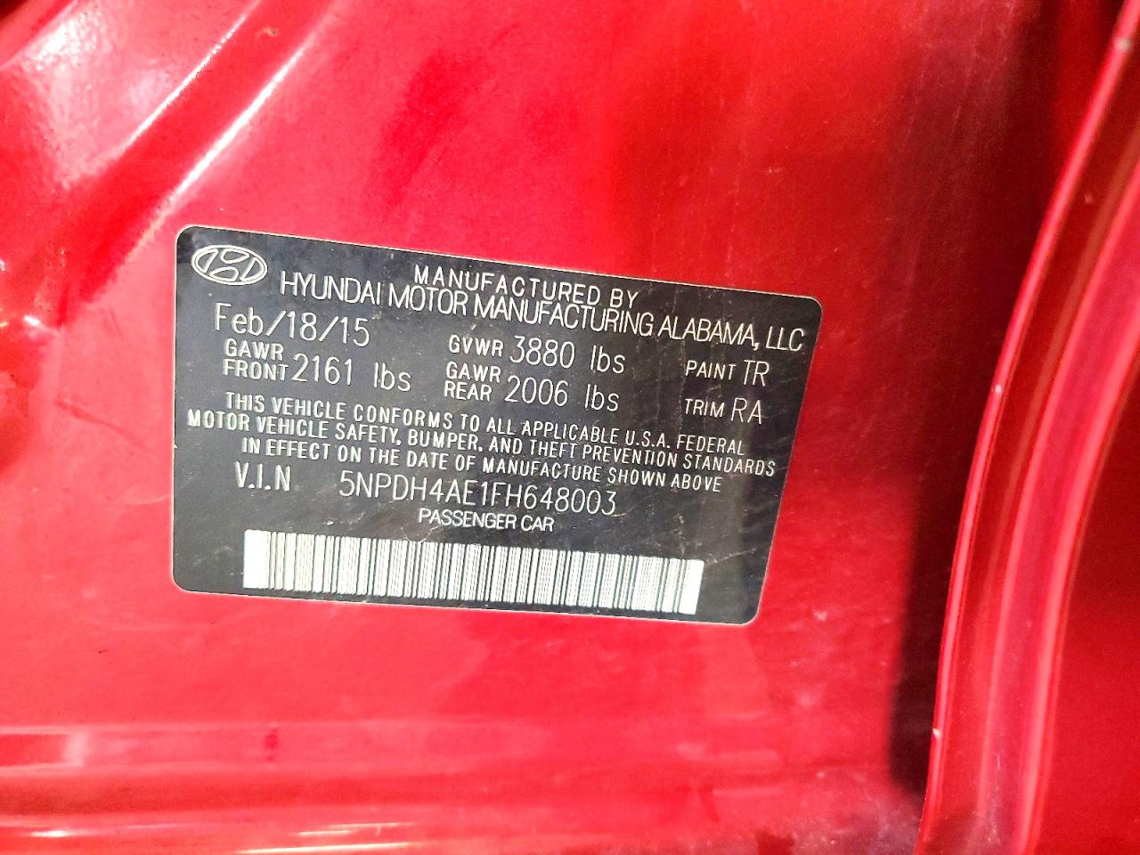 2015 Hyundai Elantra Se Red vin: 5NPDH4AE1FH648003