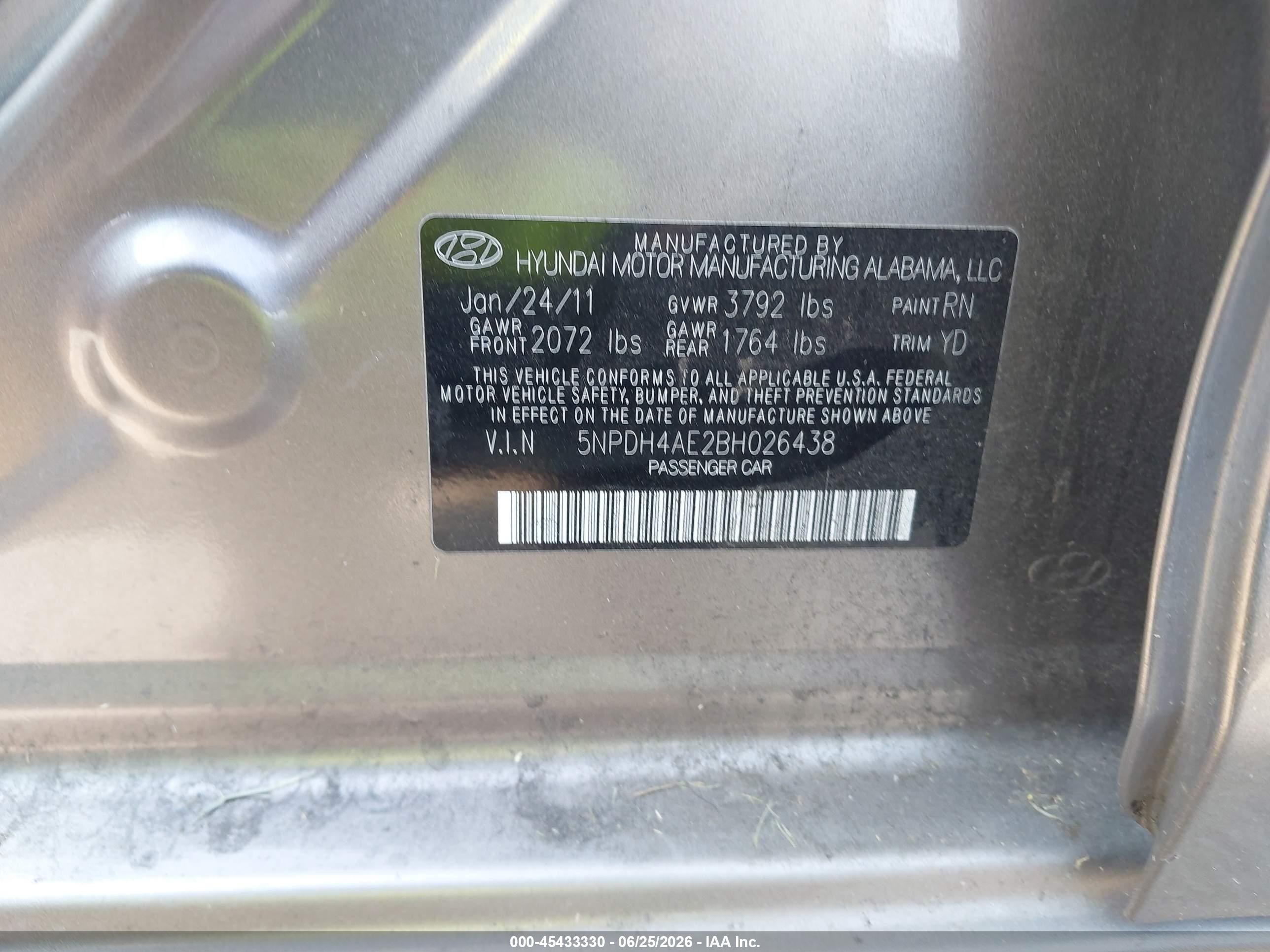 2011 Hyundai Elantra Gls Champagne vin: 5NPDH4AE2BH026438