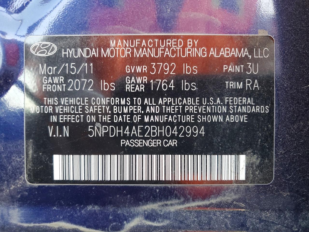 2011 Hyundai Elantra Gls Blue vin: 5NPDH4AE2BH042994